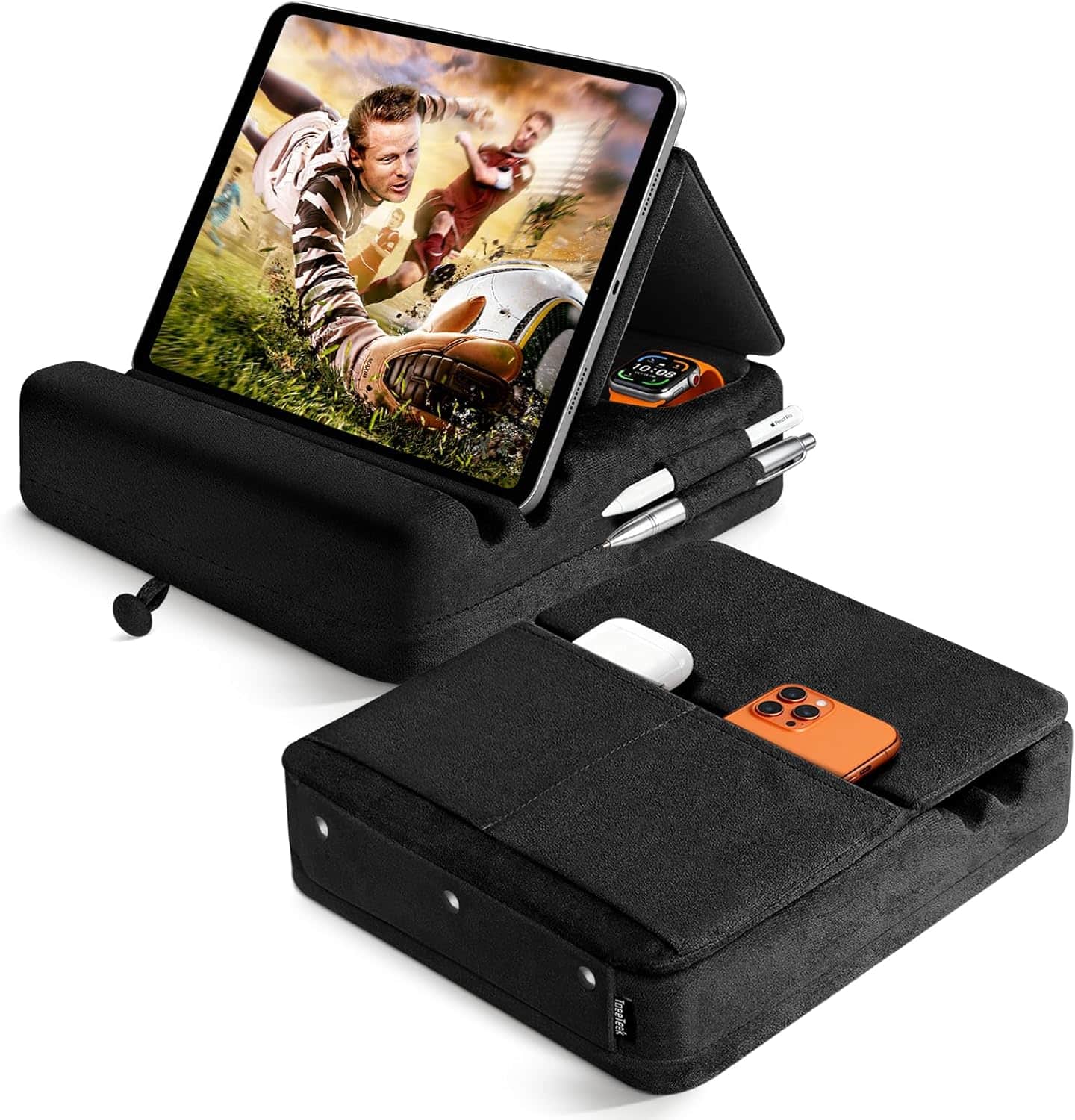 FINEAK - Foldable Tablet Pillow Stand with Storage for All Devices - Black