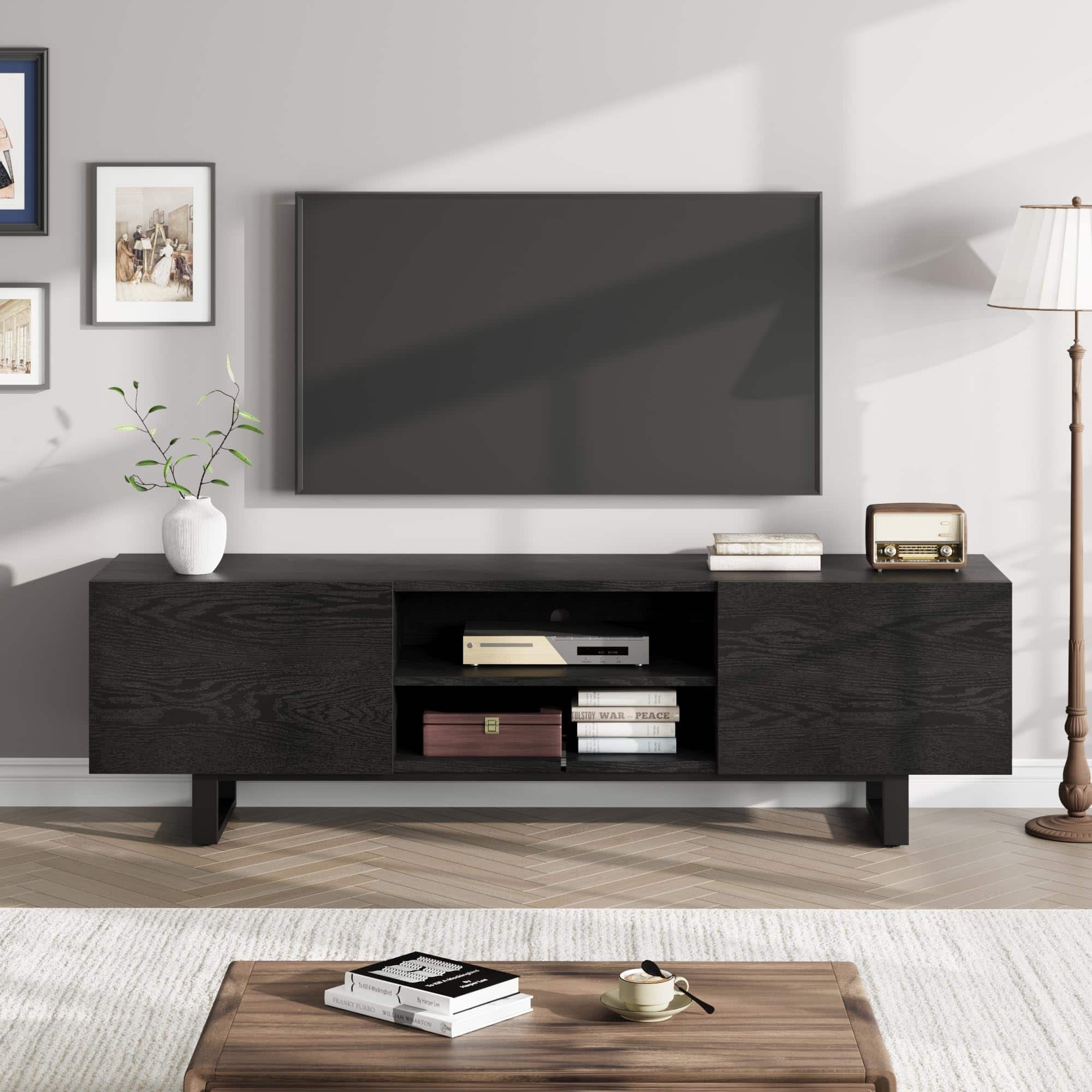 Qeetex - 70" Modern TV Stand for 80 Inch TVs, Minimalist Wooden Entertainment Center with 2 Drawers & Open Shelves - Black