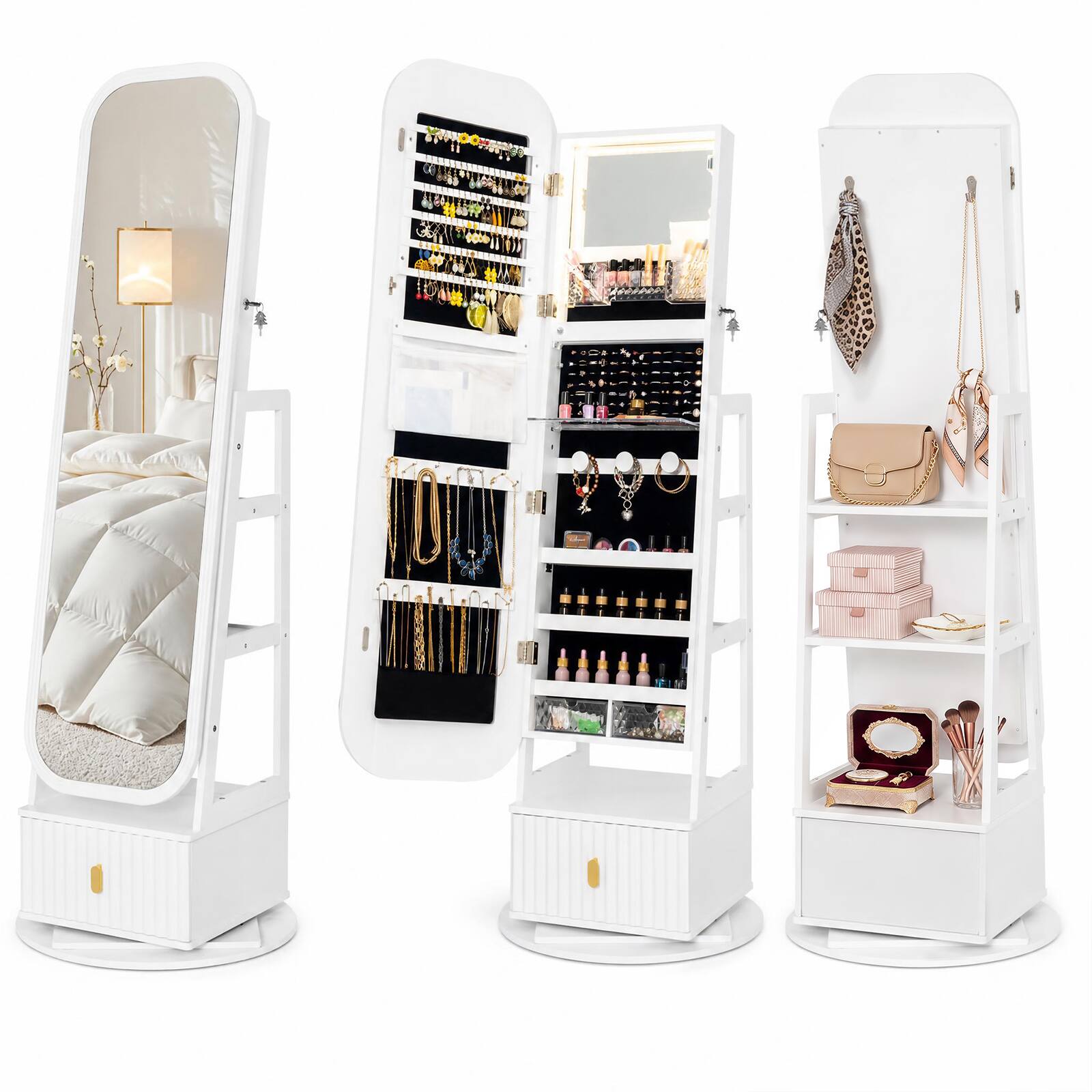 Alt View 9. Costway - Costway 360° Swivel Jewelry Cabinet with Full-Length Mirror & Dual Hooks, Storage Shelves.