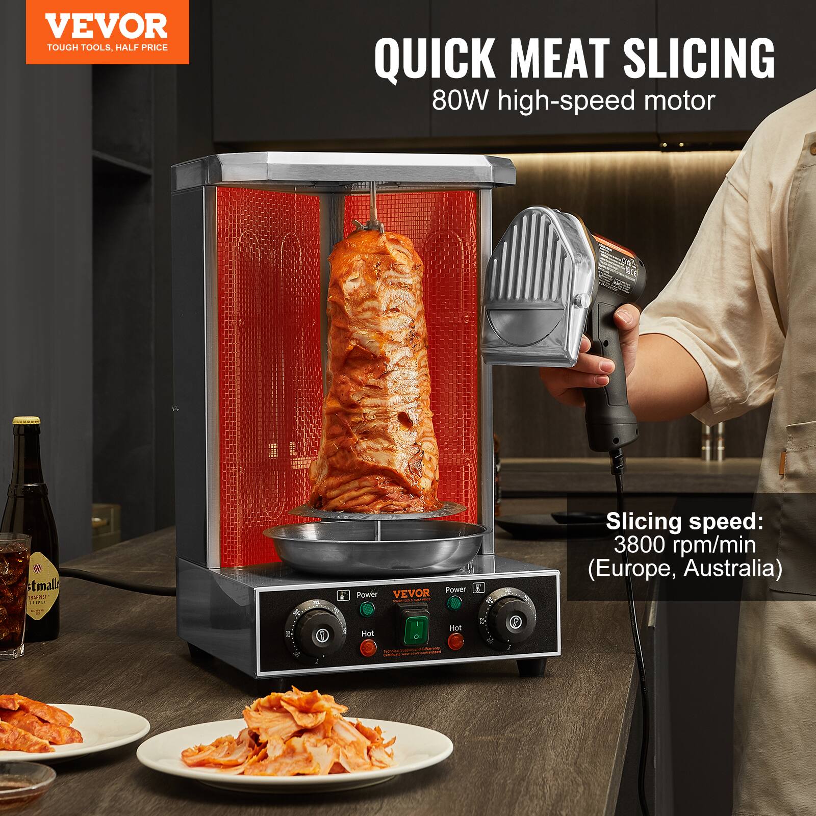 VEVOR  
TOUGH TOOLS, HALF PRICE  

QUICK MEAT SLICING  
80W high-speed motor  

Slicing speed:  
3800 rpm/min  
(Europe, Australia)