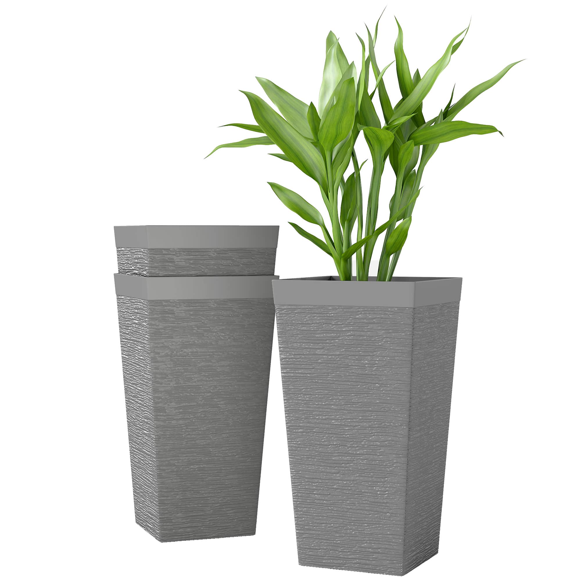 Outsunny - 22.8 Inch Tall Planters for Outdoor Plants, Set of 3 Plastic Flower Pots with Stone Finish and Wheels