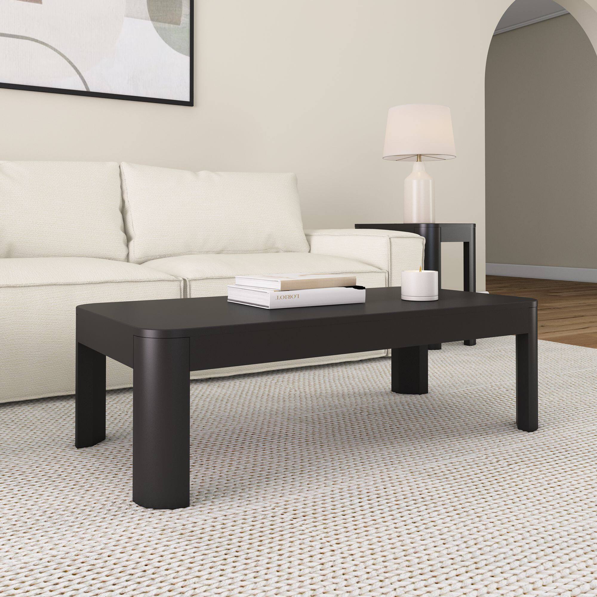 Alt View 4. Plank+Beam - Modern Rounded Rectangular Coffee Table (48in x 24in / 1220mm x 610mm), Black - Black.