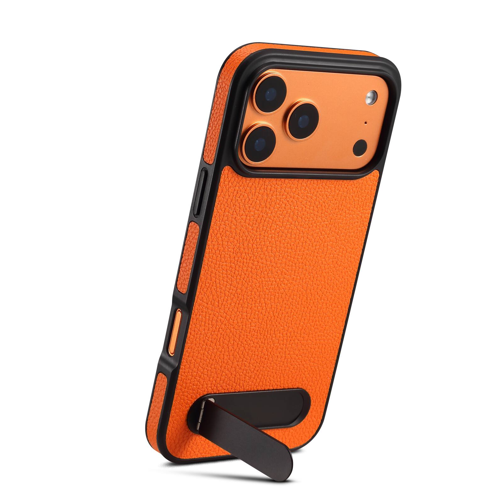 Angle. Dteck - for Apple iPhone 17 Pro Magnetic Case with Built-in Hidden Kickstand,Lychee Texture Shockproof Protective Cover - Orange.