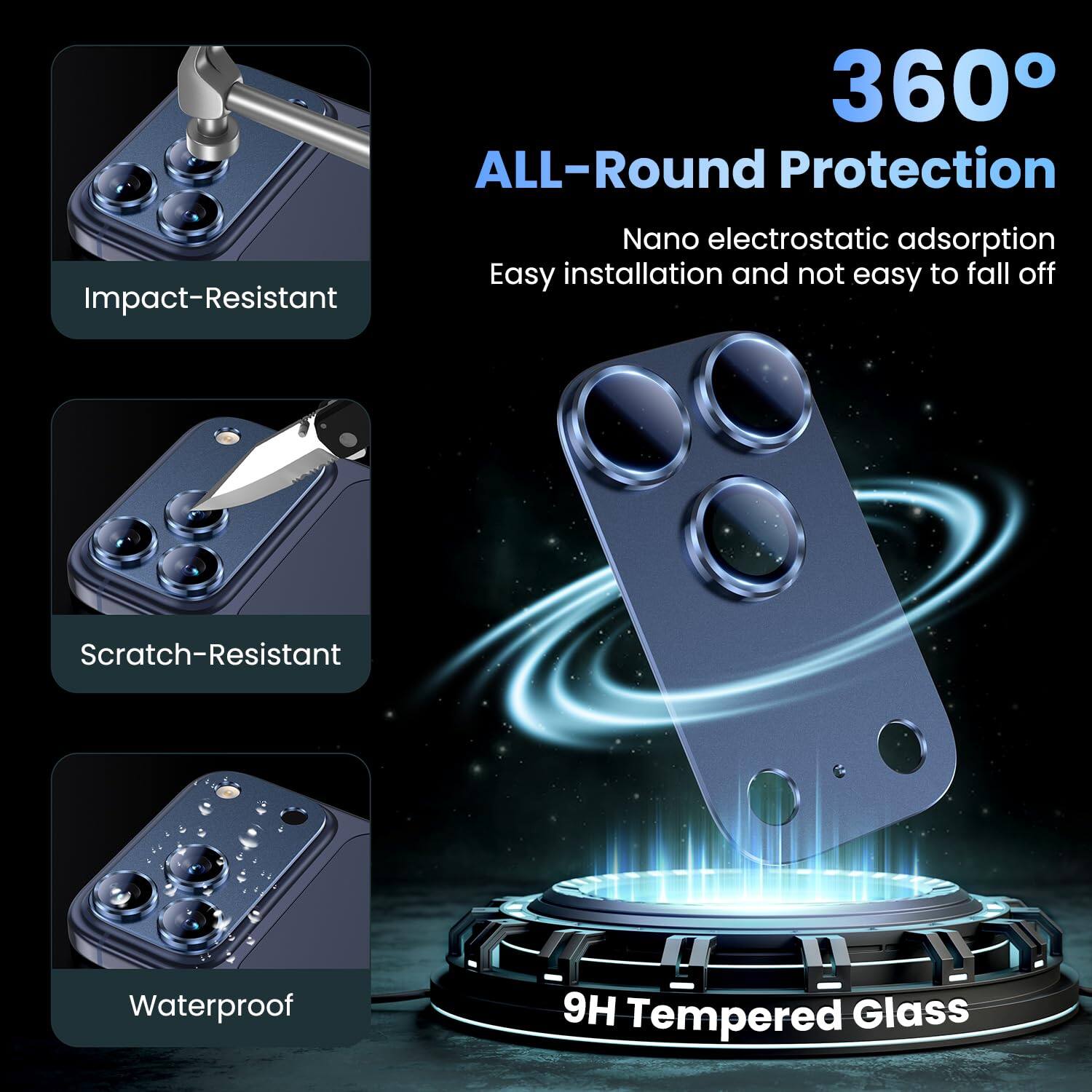 360° ALL-Round Protection  
Nano electrostatic adsorption  
Easy installation and not easy to fall off  
Impact-Resistant  
Scratch-Resistant  
Waterproof  
9H Tempered Glass