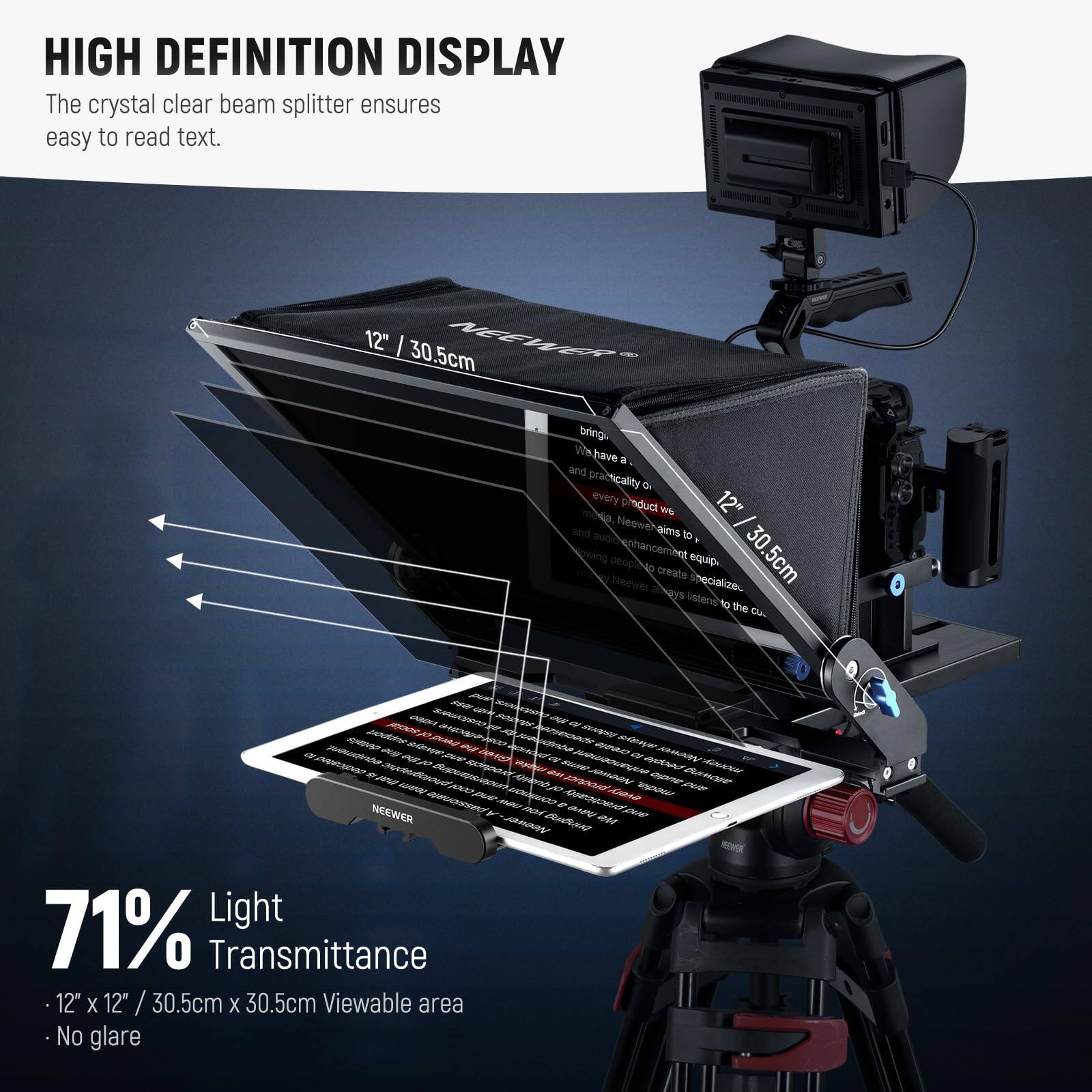 HIGH DEFINITION DISPLAY  
The crystal clear beam splitter ensures easy to read text.  

12" / 30.5cm  
71% Light Transmittance  
12" x 12" / 30.5cm x 30.5cm Viewable area  
No glare