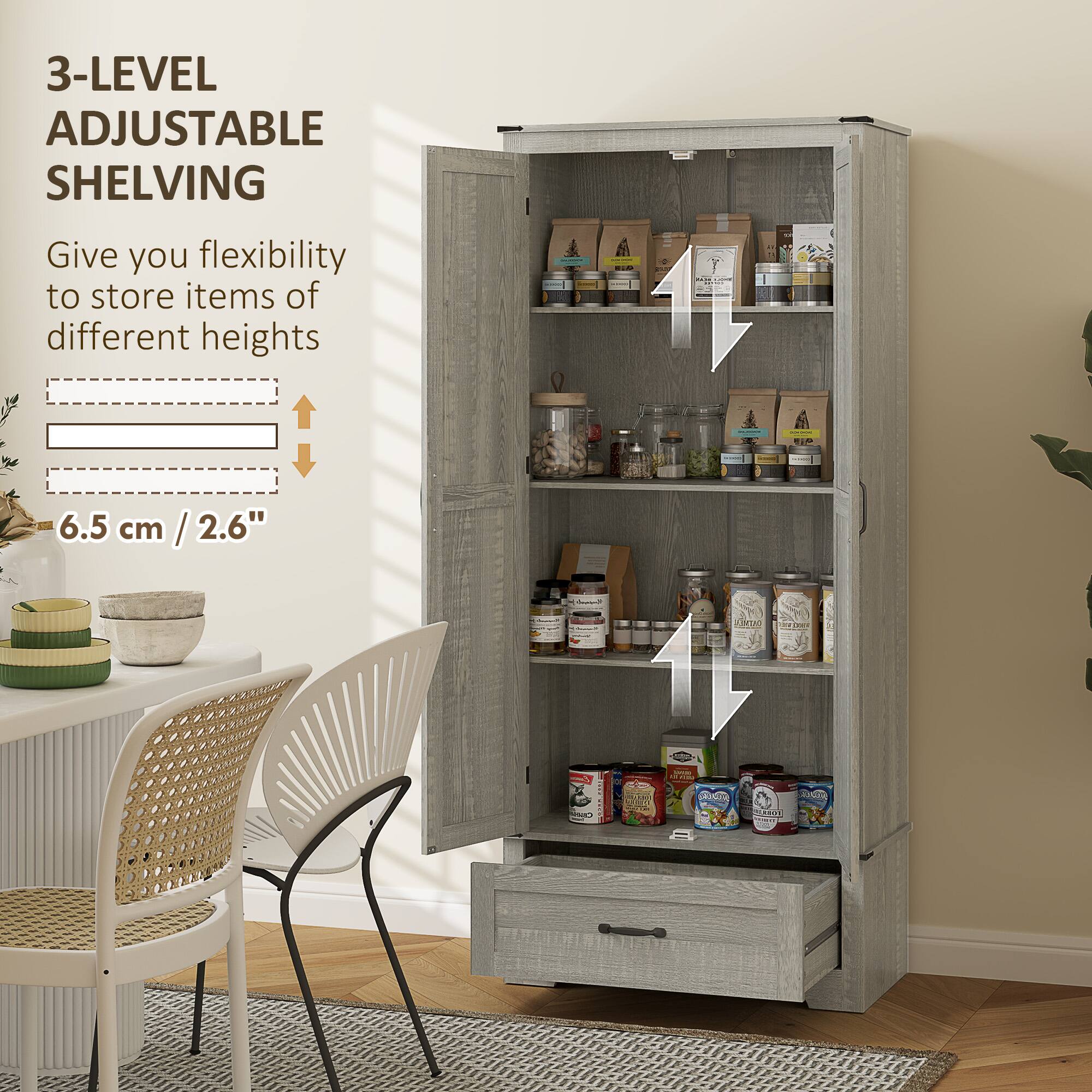 3-LEVEL ADJUSTABLE SHELVING
Give you flexibility to store items of different heights
6.5 cm / 2.6"