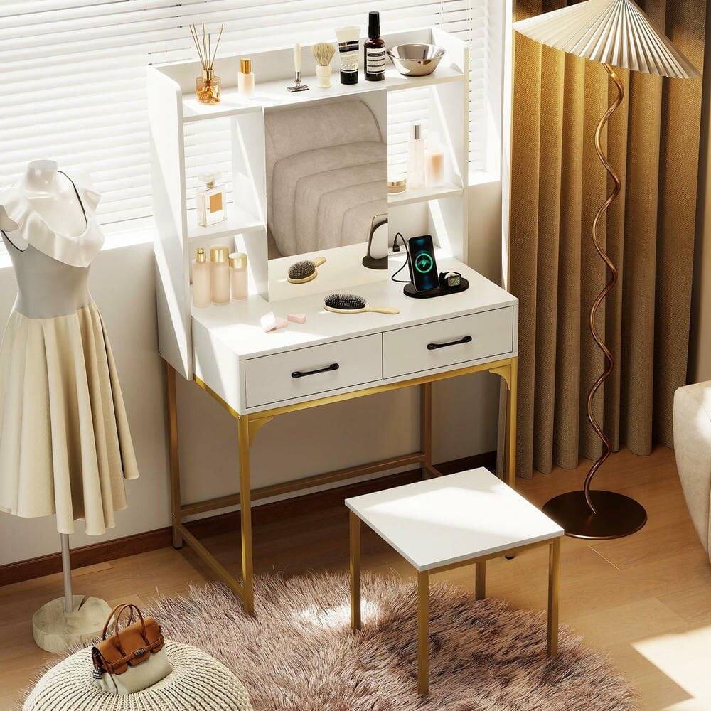 Alt View 4. Kadyn - Vanity Desk - Storage Drawers, Built-In Charging Station, Multifunctional Dressing Table - White - White.