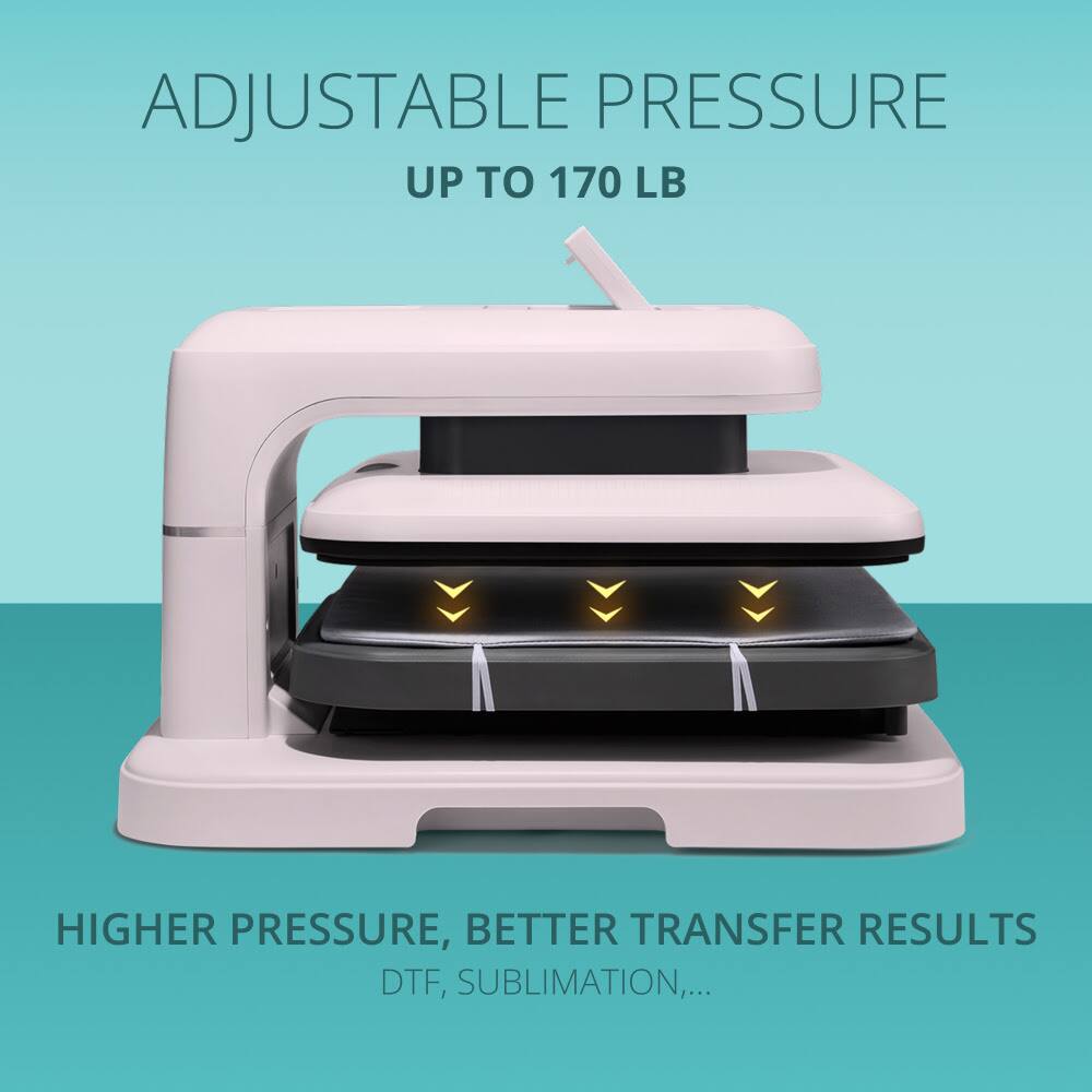 ADJUSTABLE PRESSURE  
UP TO 170 LB  

HIGHER PRESSURE, BETTER TRANSFER RESULTS  
DTF, SUBLIMATION, ...