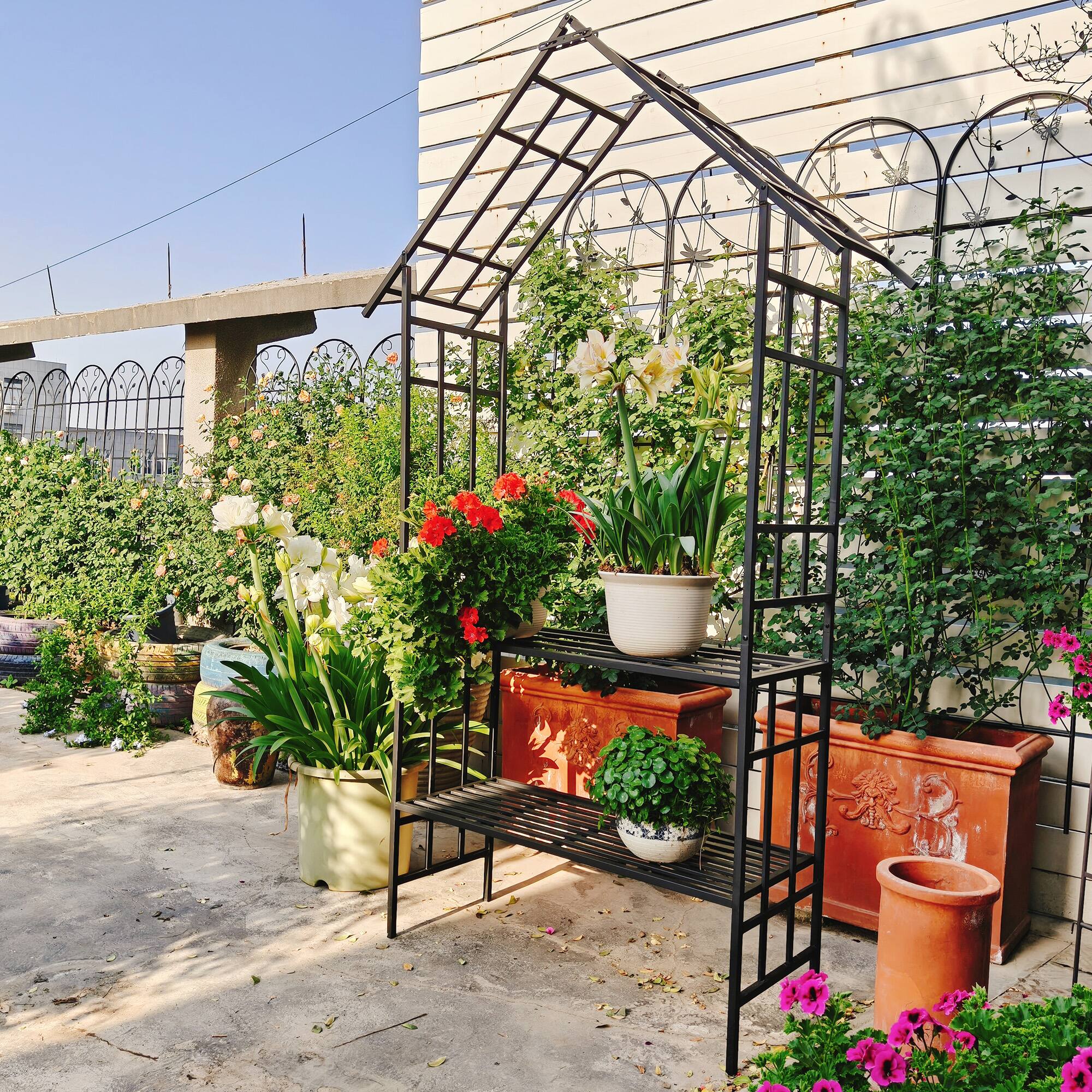 Alt View 5. Loheer - 4.84 ft Metal Garden Arch with Bench Rose Trellis Arbor for Outdoor Climbing Plants - Black.