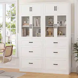 Aheaplus - 2-Pack 80" Kitchen Pantry: Glass Doors, Adjustable Shelves & 3 Drawers,Ships in 2 Packages - White