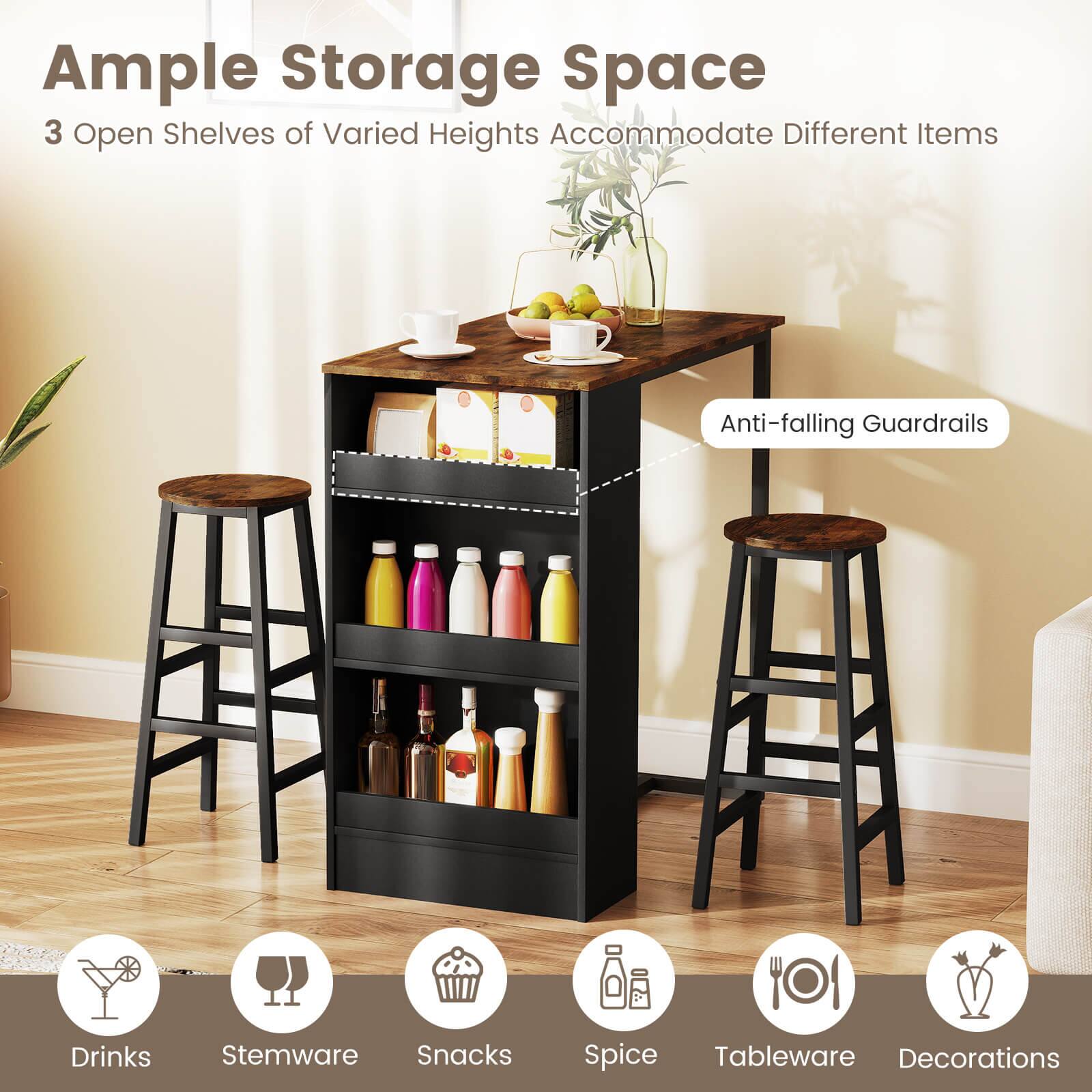 Ample Storage Space: 3 Open Shelves of Varied Heights Accommodate Different Items Anti-falling Guardrails Drinks Stemware Snacks Spice Tableware Decorations