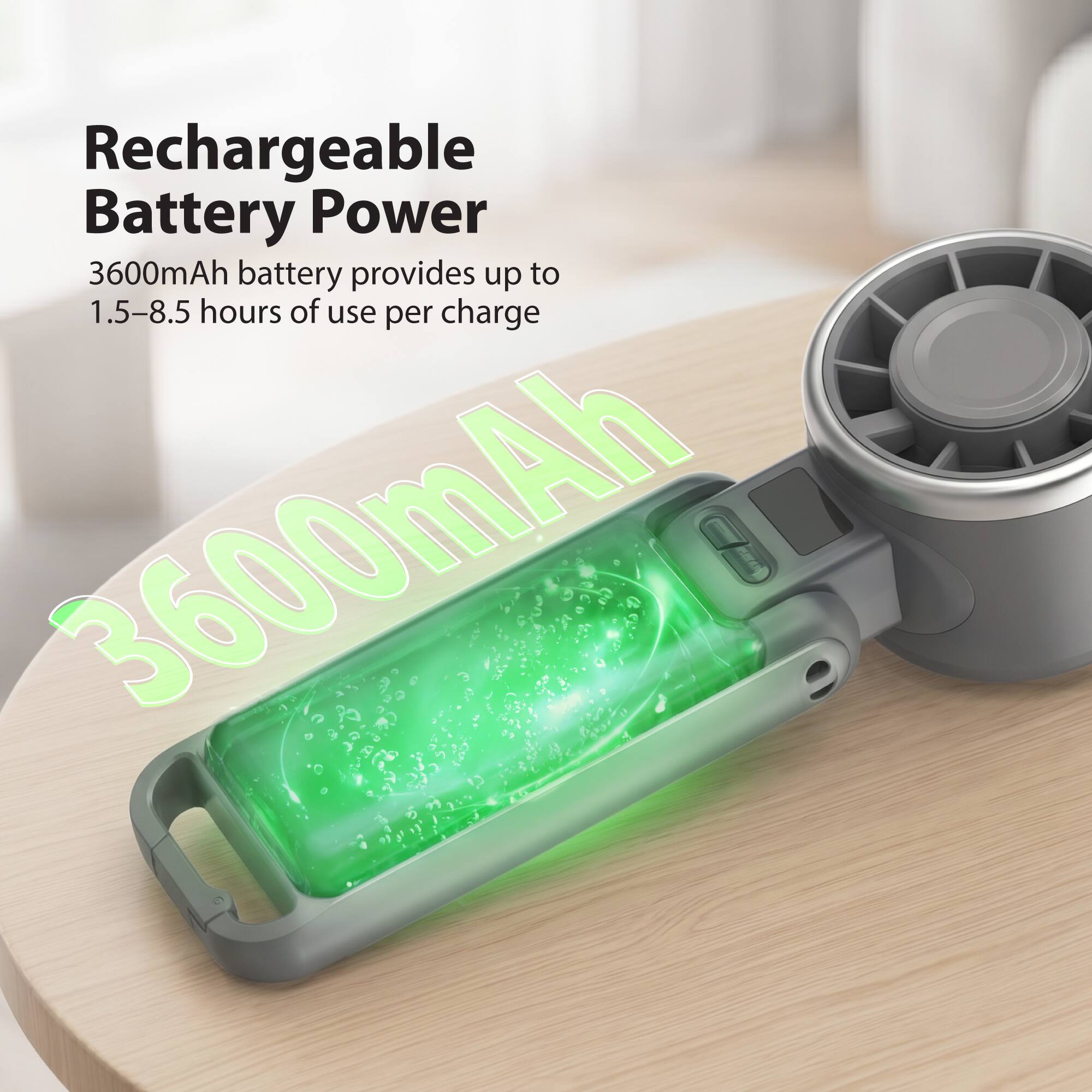 Rechargeable Battery Power

3600mAh battery provides up to 1.5-8.5 hours of use per charge