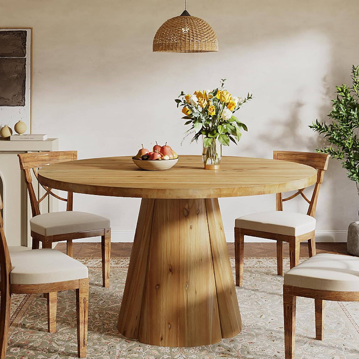 Back. Tribesigns - Solid Wood Dining Table with Wood Grain Finish and Round Top for Everyday Meals and Family Gatherings - Light Brown.