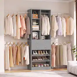 Aheaplus - 8FT Heavy Duty Closet System with Hanging Rods, Drawers, Shelves, and Shoe Racks, Wardrobe System for Bedroom/Closet - Gray
