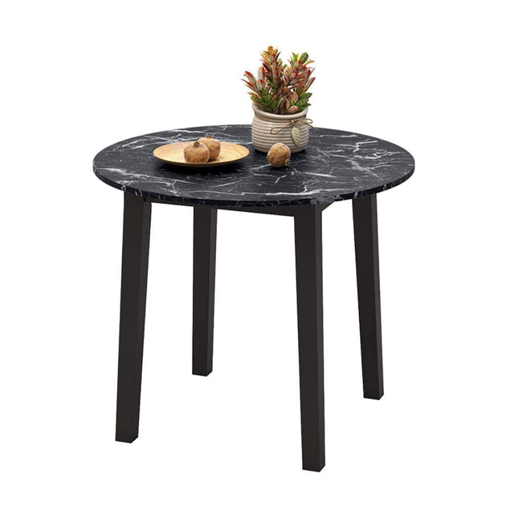 Resenkos - End Table,Dining Table, Living Room Table,35 In Round Dining Table with Rubber Wood Legs and Marble-textured Veneer - Black