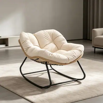 Front. Loheer - Loheer Rocking Egg Chair Oversized Papasan Chair with Cushion - Cream White.