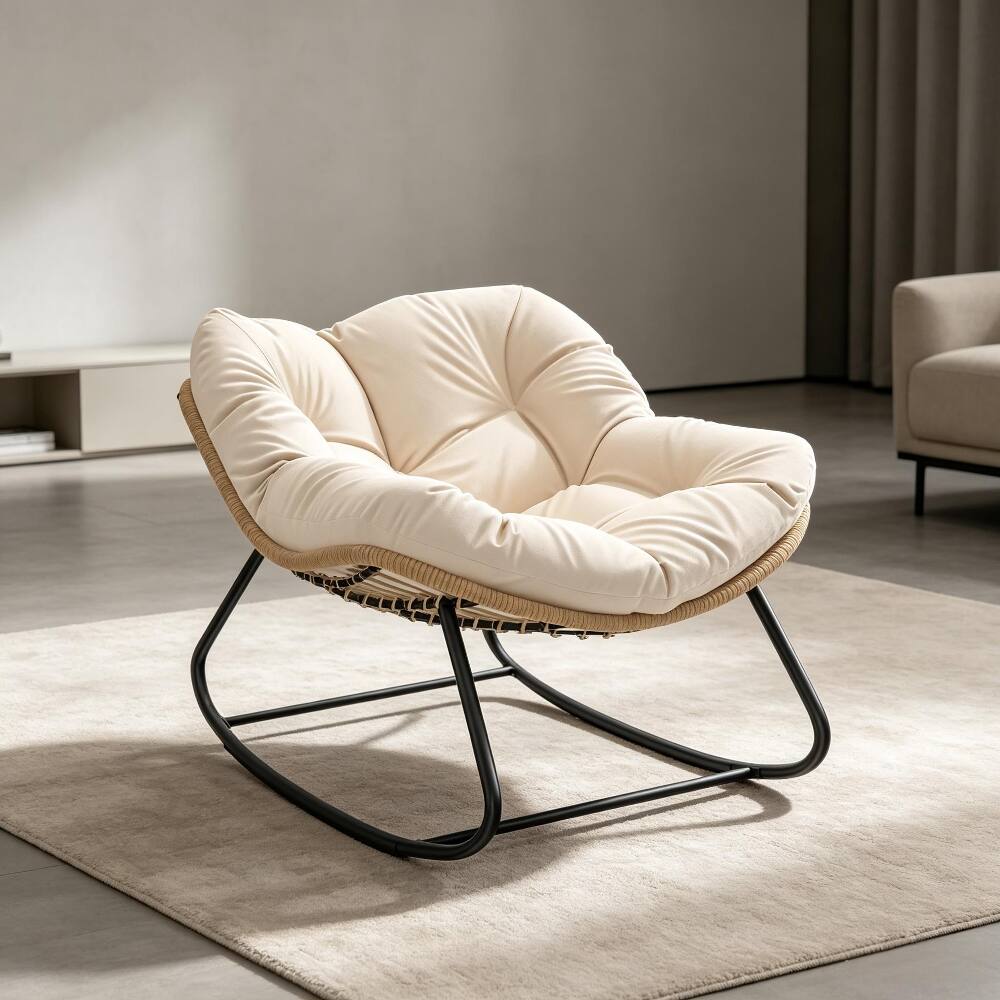 Front. Loheer - Loheer Rocking Egg Chair Oversized Papasan Chair with Cushion - Cream White.