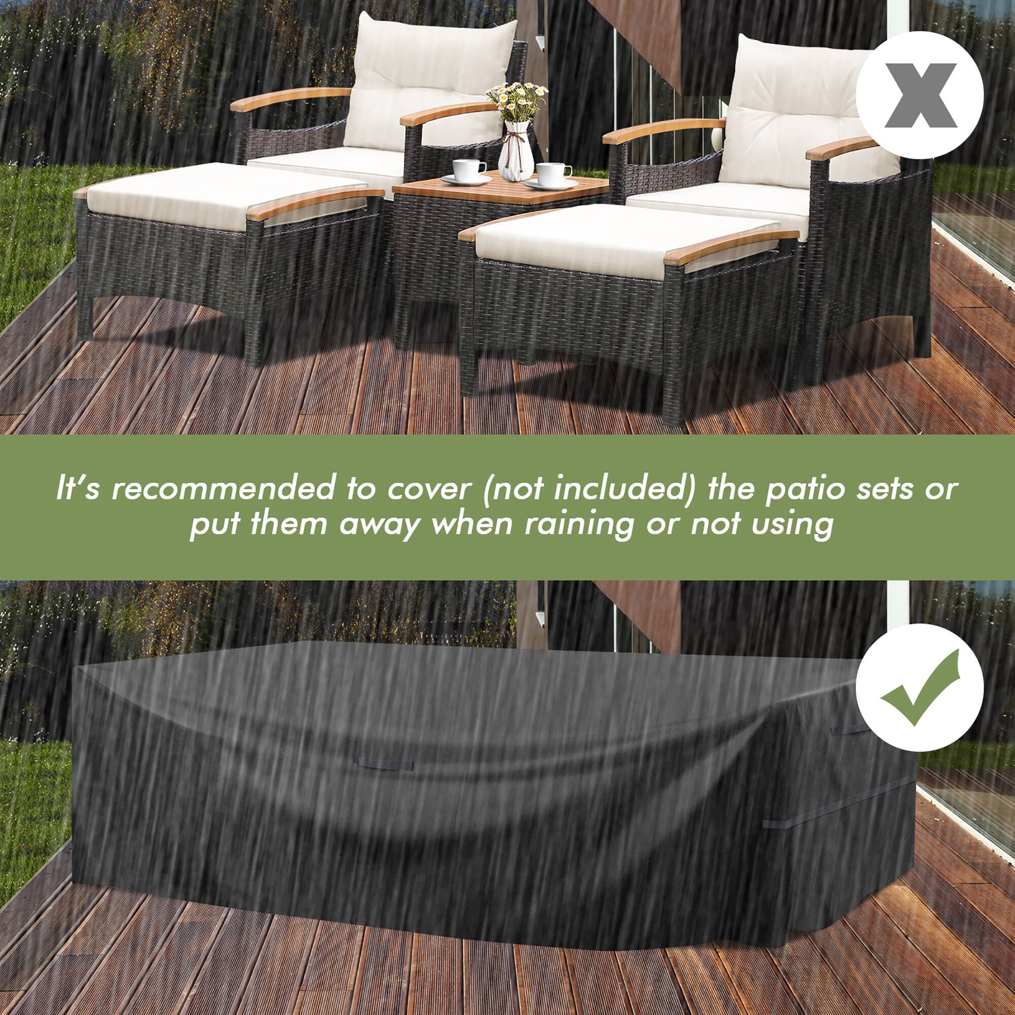 X It's recommended to cover (not included) the patio sets or put them away when raining or not using V