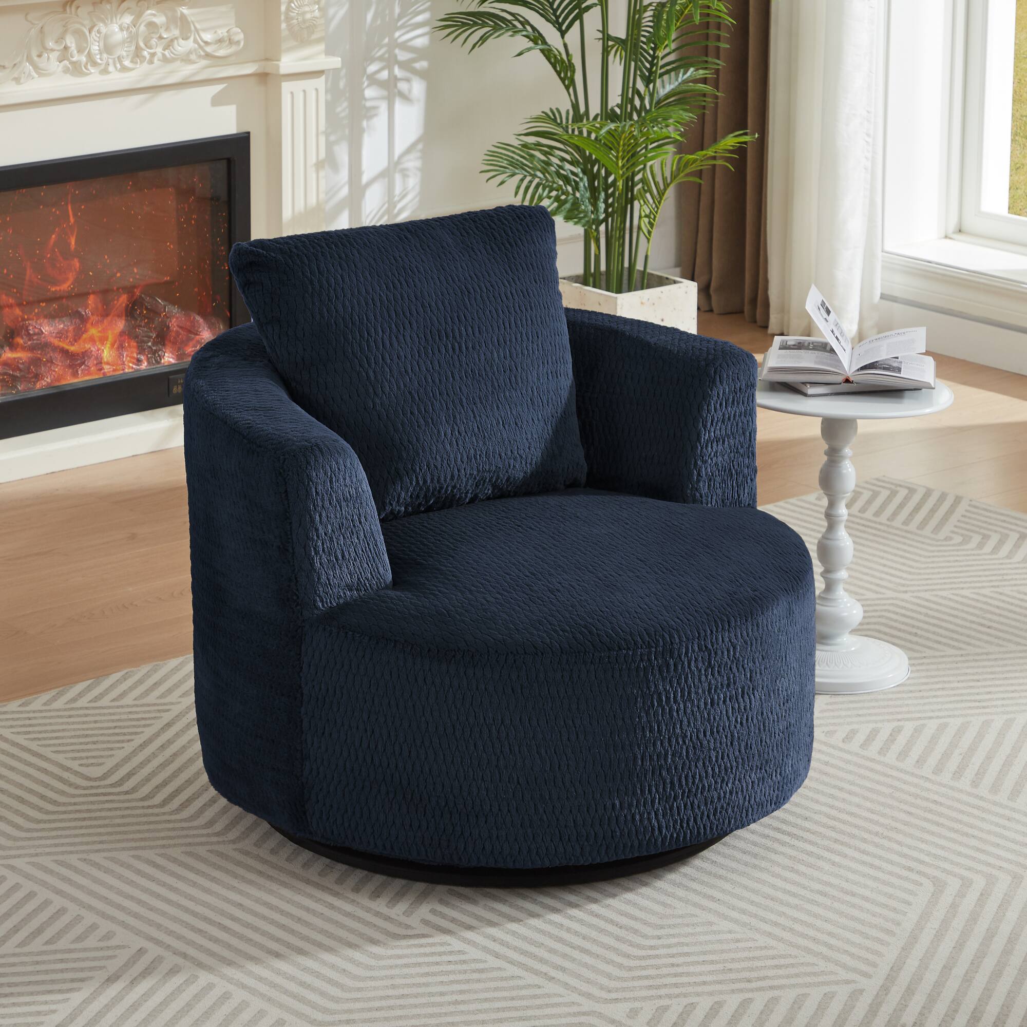 Left. GOODSILO - Modern 360-Degree Swivel Accent Chair with Plush Comfort and Sturdy Base for Living Spaces - Dark Blue.