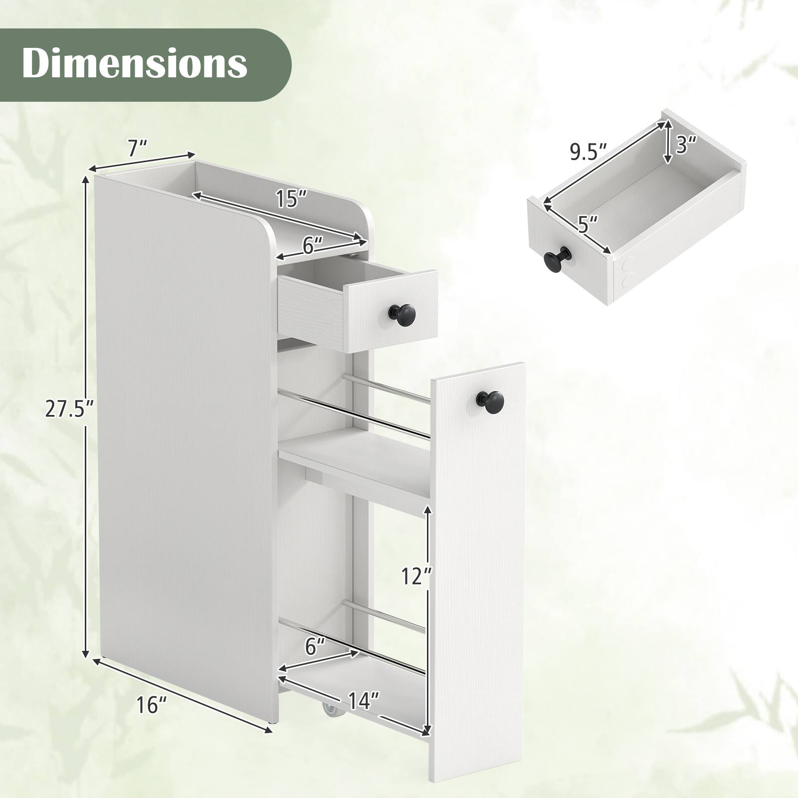 Dimensions:  
- Height: 27.5"  
- Width: 16"  
- Depth: 14"  
- Shelf 1: 12" (height)  
- Shelf 2: 6" (height)  
- Drawer 1: 15" (width) x 6" (height)  
- Drawer 2: 9.5" (width) x 5" (depth) x 3" (height)