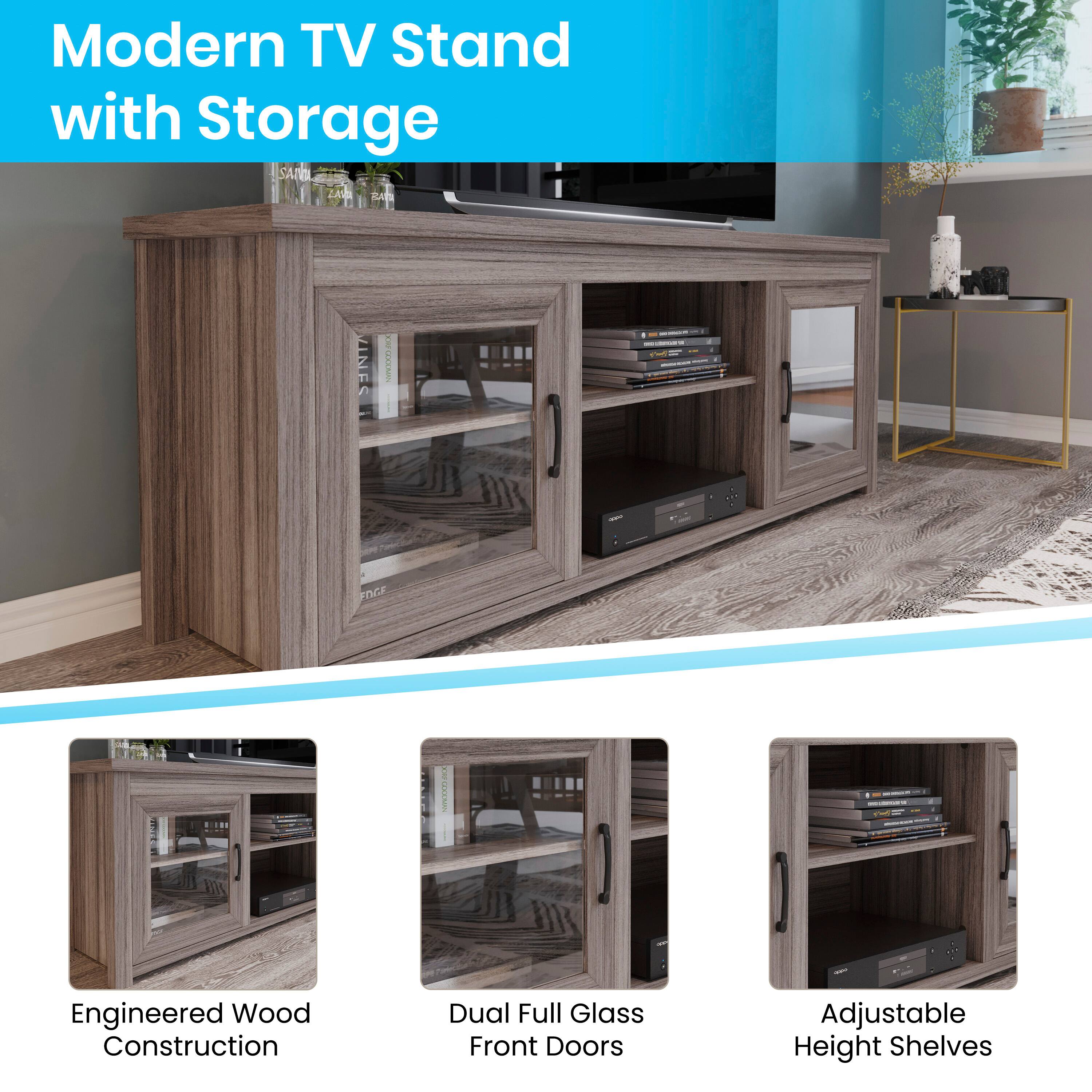 Modern TV Stand with Storage

- Engineered Wood Construction
- Dual Full Glass Front Doors
- Adjustable Height Shelves