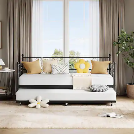 Front. Qeetex - Daybed with Trundle Metal Twin Daybed Frame with Headboard Multifunctional Mattress Foundation Platform Sofa Bed Metal - As Shown.