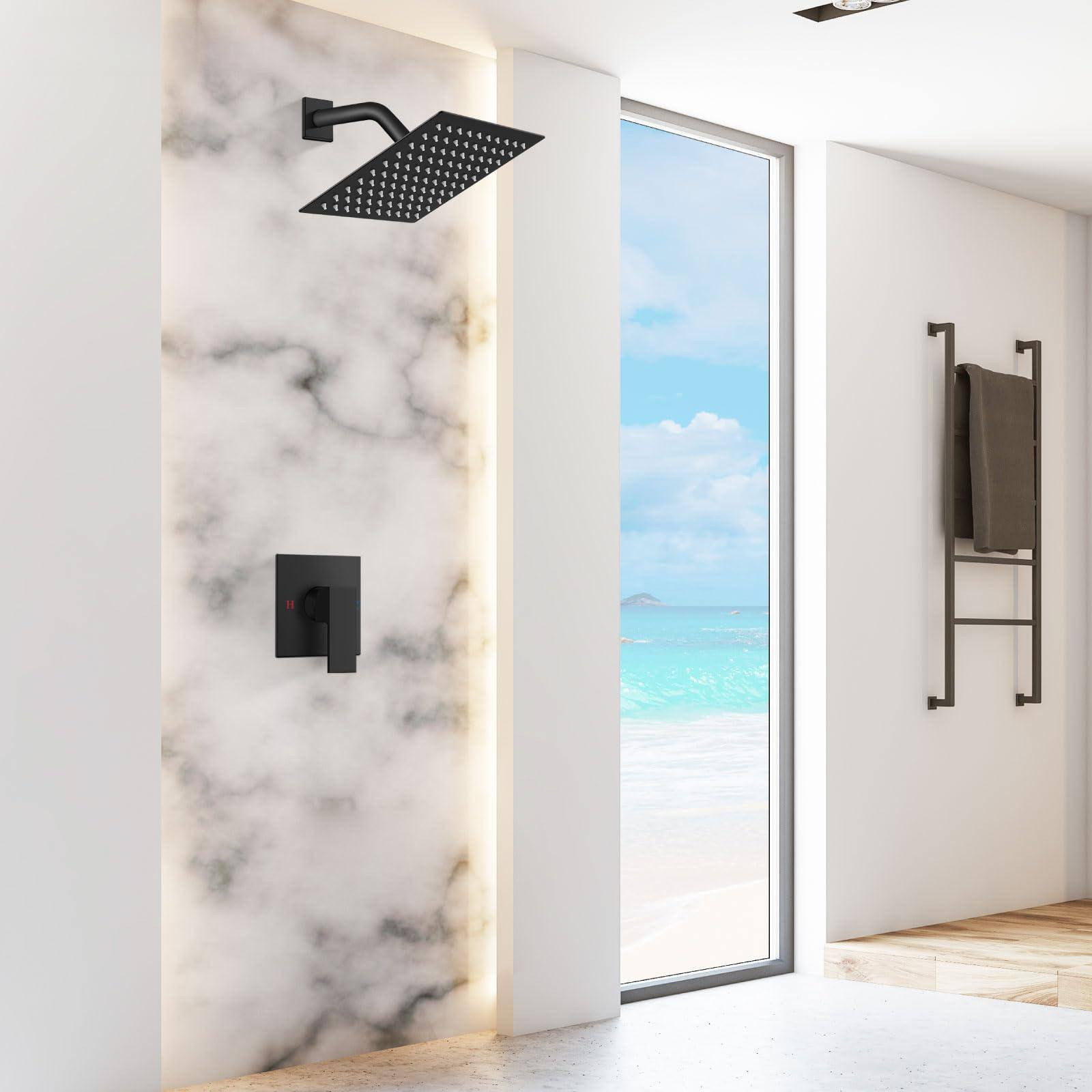 Alt View 3. Paradigms Interiors - Shower Faucet Set Bathroom Rain System Square Showerhead Single Function 1 Handle Trim Kit With Female Thre... - Chrome Polish-Cover Plate with H and C Labels.