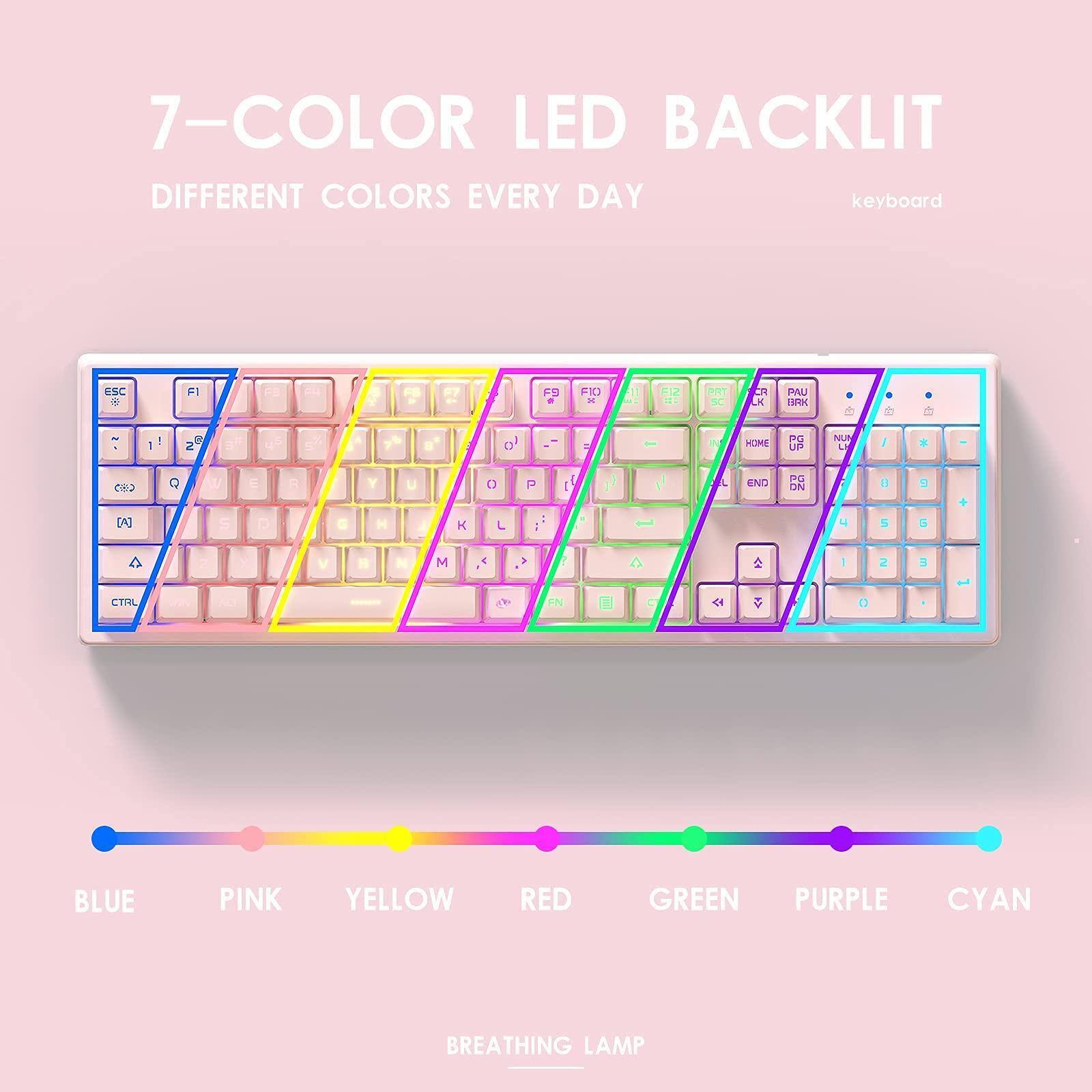 7-COLOR LED BACKLIT  
DIFFERENT COLORS EVERY DAY  
keyboard  

BLUE PINK YELLOW RED GREEN PURPLE CYAN  
BREATHING LAMP
