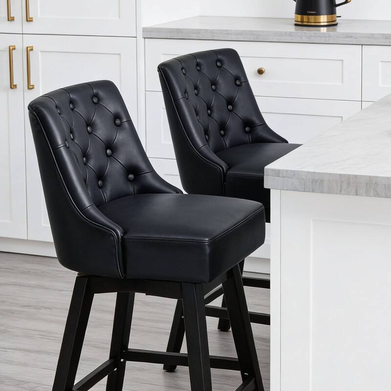 Alt View 2. Dyonery - 2 pcs modern style bar stool, 36-inch high bar, retro diamond buckle design, rotatable, solid wood legs, PU，Black - Black.