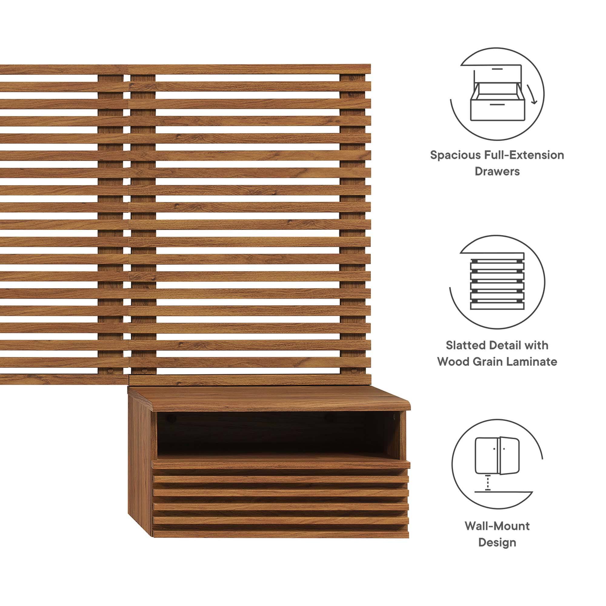 - Spacious Full-Extension Drawers
- Slatted Detail with Wood Grain Laminate
- Wall-Mount Design