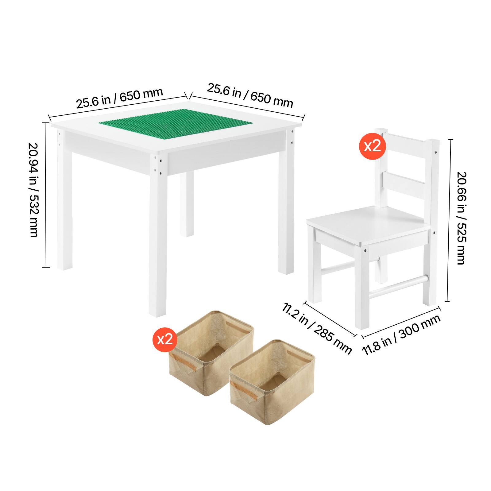 - Table dimensions: 25.6 in / 650 mm (width) x 20.94 in / 532 mm (depth)
- Chair dimensions: 20.66 in / 525 mm (width) x 11.2 in / 285 mm (depth)
- Additional dimensions: 11.8 in / 300 mm
- Two chairs included (x2)
- Two trays included (x2)