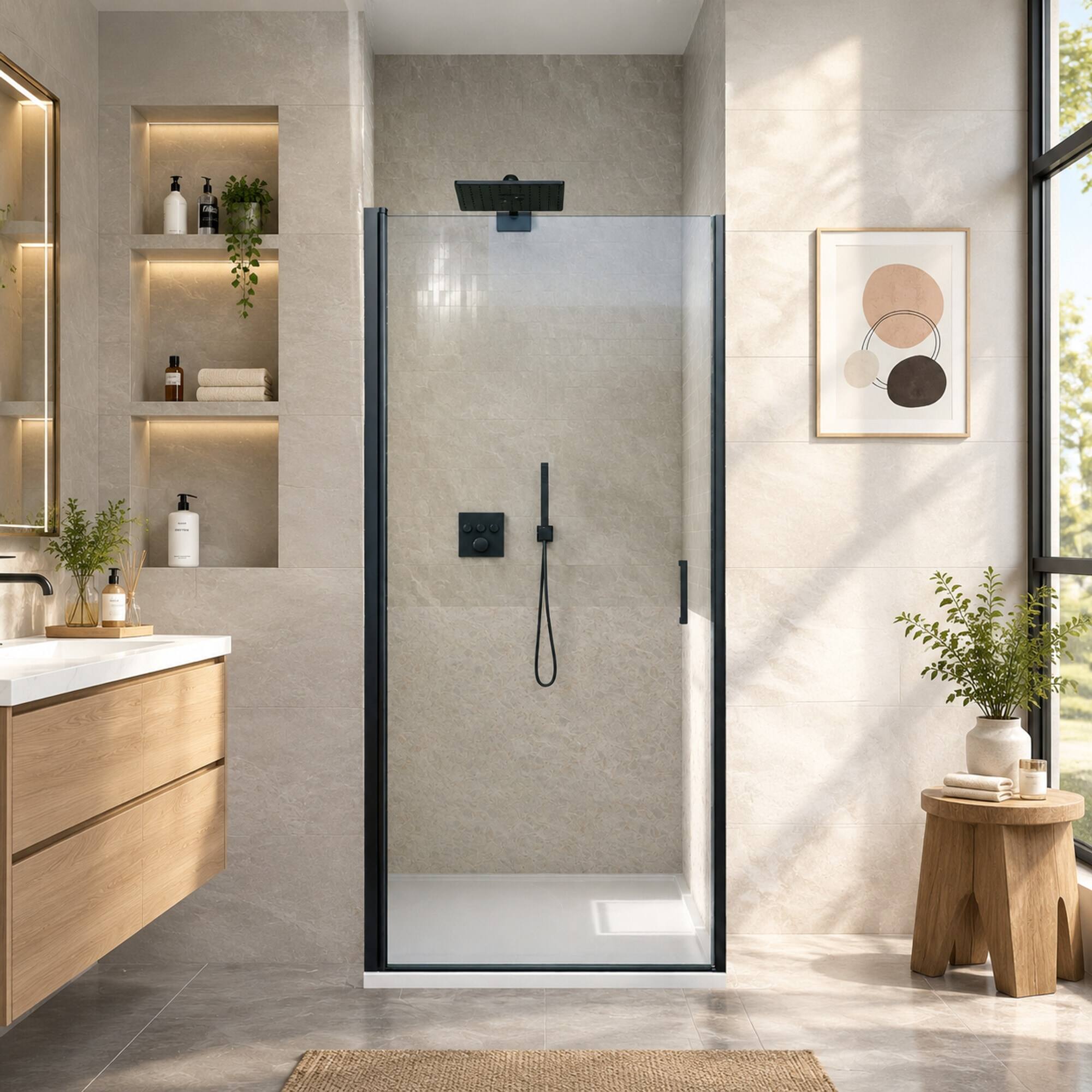 Alt View 4. RYHNUYNE - 34 In W X 72 In H Semi-Frameless Circular Pivot Shower Door, 1/4 In Clear Tempered Glass Matte Black Finish - Matte Black.