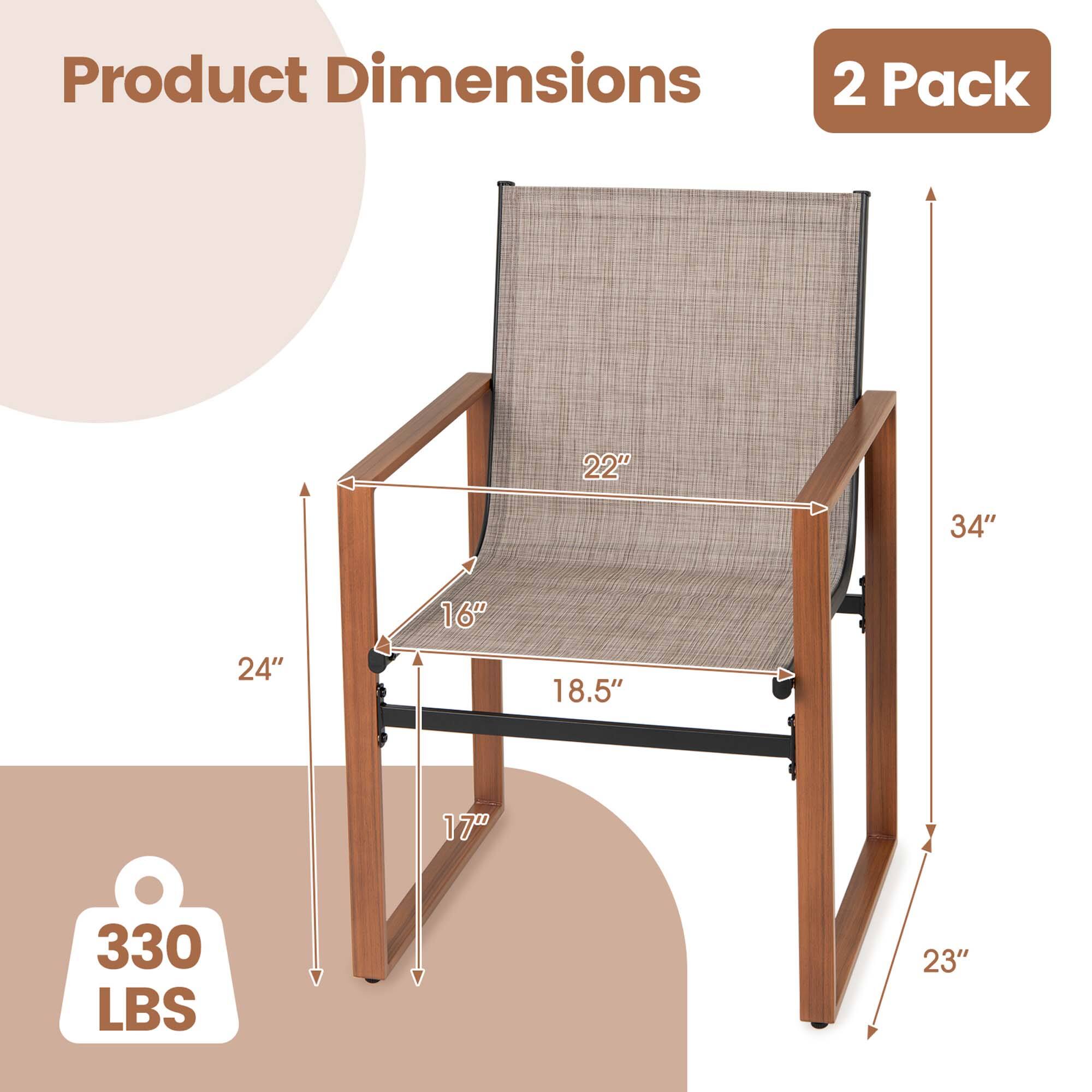 Product Dimensions  
2 Pack  

- Width: 24"  
- Depth: 18.5"  
- Height: 34"  
- Seat Height: 17"  
- Armrest Height: 22"  
- Leg Height: 23"  

Weight Capacity: 330 LBS