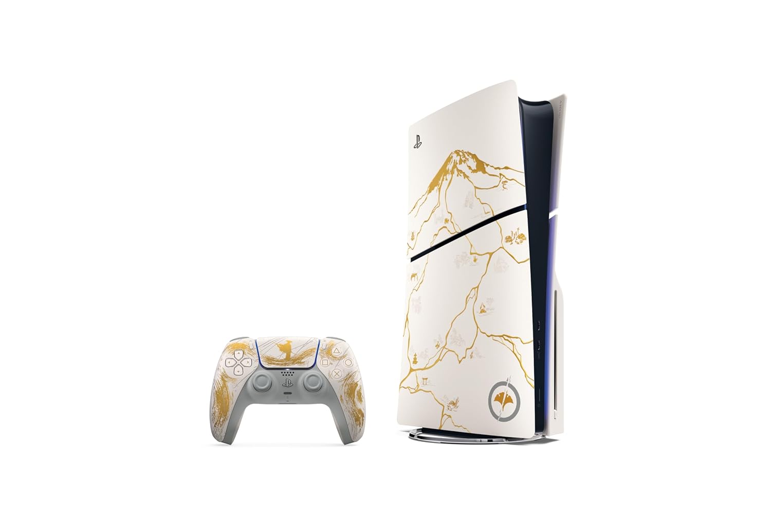 Left. Sony - Sony PlayStation 5 PS5 Console Ghost of Yotei Gold Limited Edition Bundle 1TB New - White.