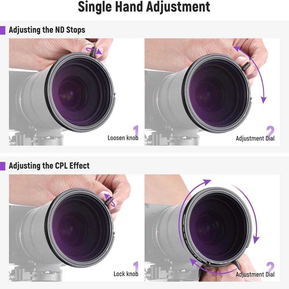 Single Hand Adjustment

Adjusting the ND Stops

1. Loosen knob
2. Adjustment Dial

Adjusting the CPL Effect

1. Lock knob
2. Adjustment Dial