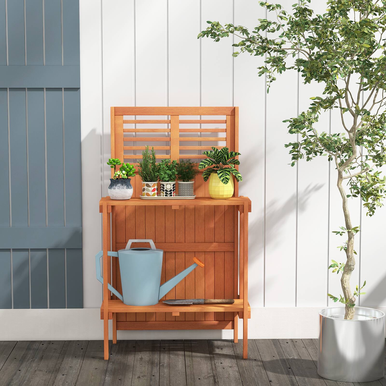 Angle. SlickBlue - Teak Oil Finished Folding Potting Bench with 2 Tier Storage for Garden Yard - Natural.