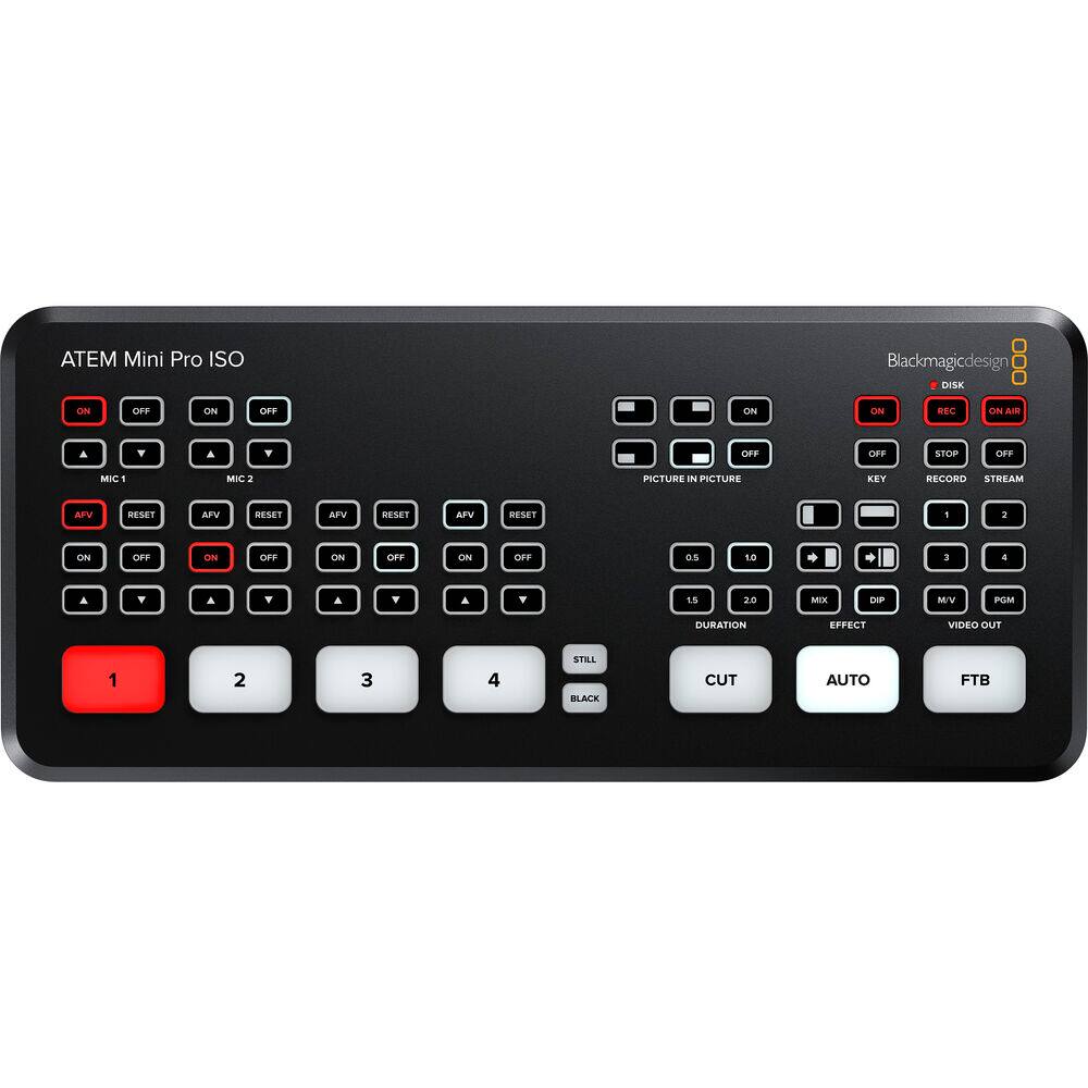 ATEM Mini Pro ISO  
Blackmagic Design  

- ON  
- OFF  
- MIC 1  
- MIC 2  
- AFV RESET  
- AFV RESET  
- AFV RESET  
- AFV RESET  
- PICTURE IN PICTURE  
- DISK  
- REC  
- ON AIR  
- STOP  
- KEY  
- RECORD  
- STREAM  
- 1  
- 2  
- 3  
- 4  
- STILL  
- BLACK  
- CUT  
- AUTO  
- FTB  
- DURATION  
- EFFECT  
- M/V  
- PGM  
- VIDEO OUT  
- 0.5  
- 1.0  
- 1.5  
- 2.0  
- MIX  
- DIP