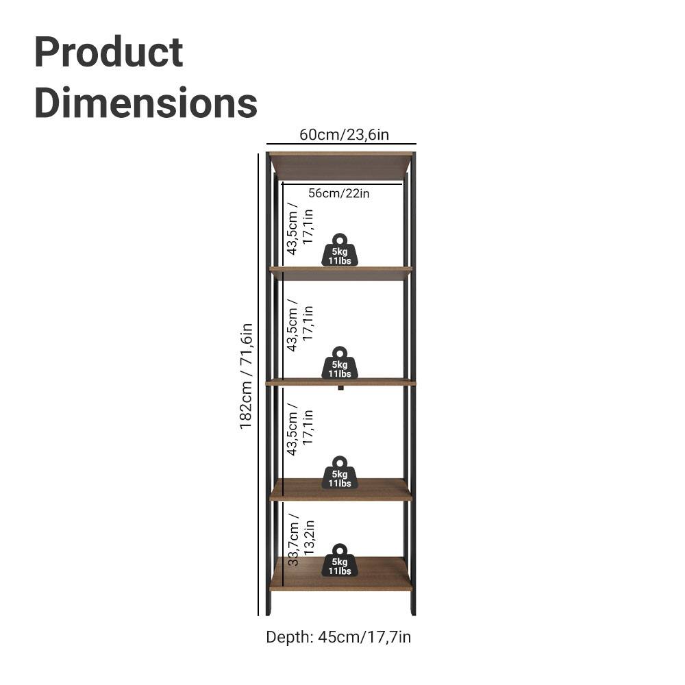 Product Dimensions

- Width: 60cm / 23.6in
- Depth: 45cm / 17.7in
- Height: 182cm / 71.6in

Shelf Dimensions:
- Top Shelf: 56cm / 22in (Width) x 43.5cm / 17.1in (Depth)
- Middle Shelf: 43.5cm / 17.1in (Width) x 43.5cm / 17.1in (Depth)
- Bottom Shelf: 33.7cm / 13.2in (Width) x 43.5cm / 17.1in (Depth)

Weight Capacity:
- Each Shelf: 5kg / 11lbs