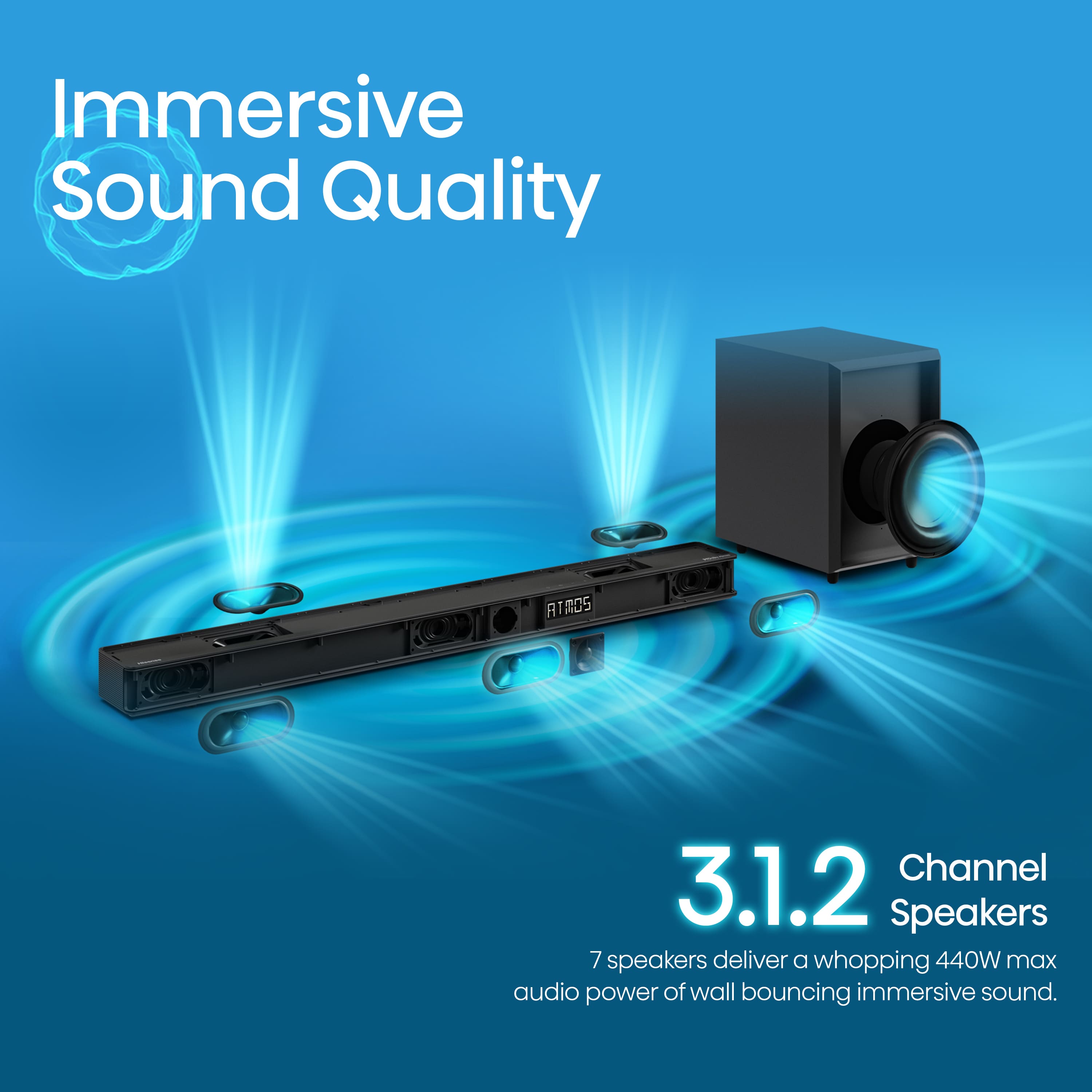 Immersive Sound Quality: 3.1.2 Channel Speakers - 7 speakers deliver a whopping 440W max audio power of wall bouncing immersive sound.