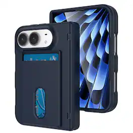 Dteck - For Apple iPhone Duo Wallet Case Built-in Screen Protector,Shockproof Rugged Card Slot Cover Hinge Protection - Darkblue