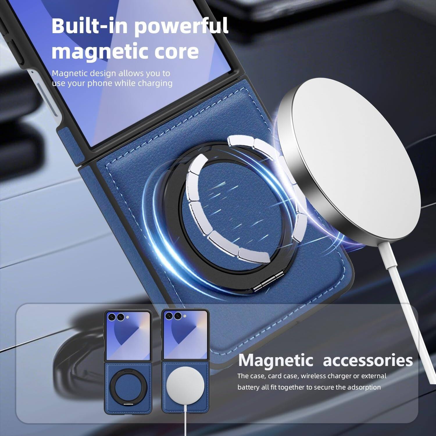 Built-in powerful magnetic core  
Magnetic design allows you to use your phone while charging  

Magnetic accessories  
The case, card case, wireless charger or external battery all fit together to secure the adsorption