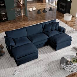 Anysun - Oversized U-Shape Chenille Sectional - 3-Seat Deep-Seat Cloud Couch with 2 Ottomans, DIY Modular for Living Room - Blue