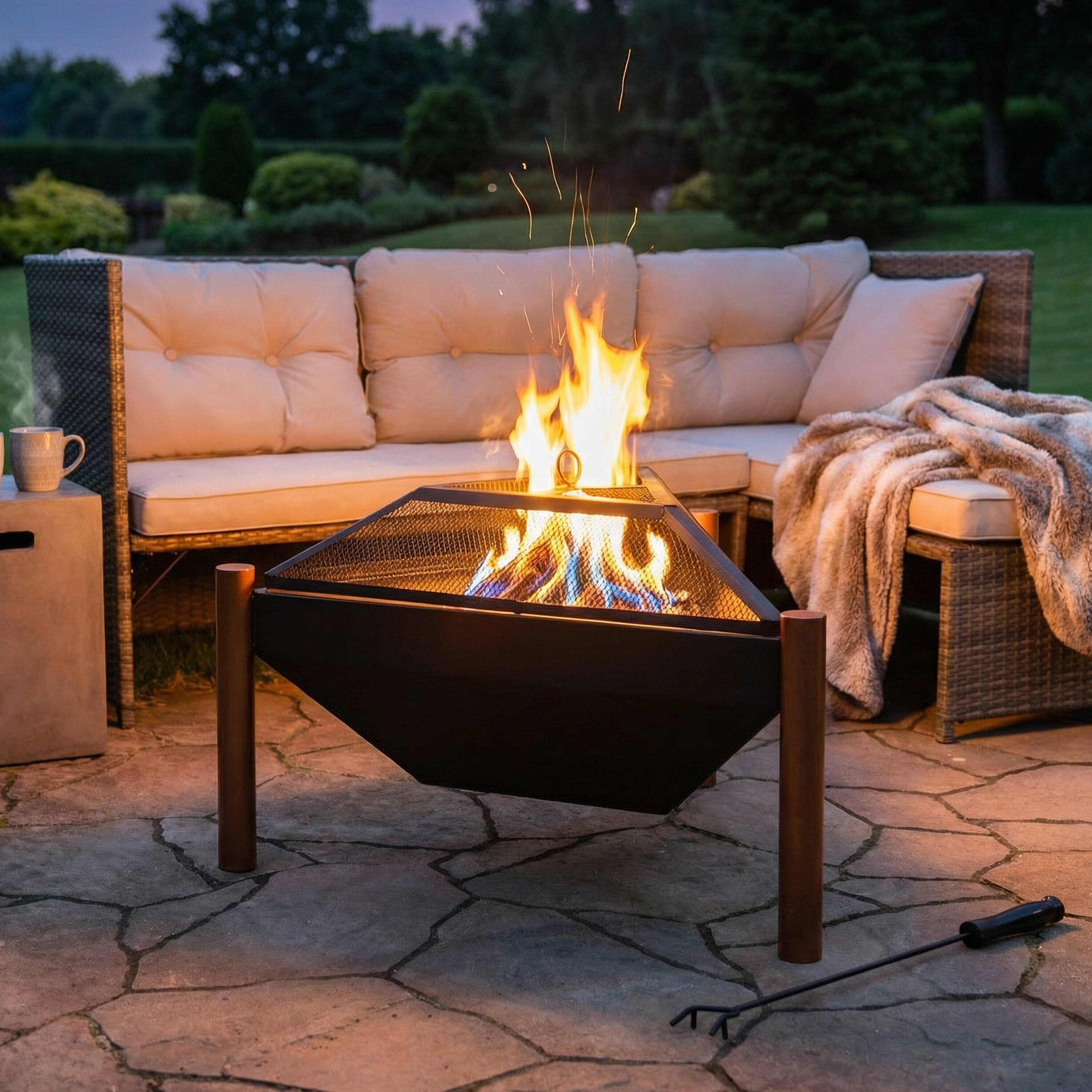 Alt View 2. Sunnydaze - 31 in Triangle Steel Fire Pit Table with Grate, Poker, and Screen - Black.