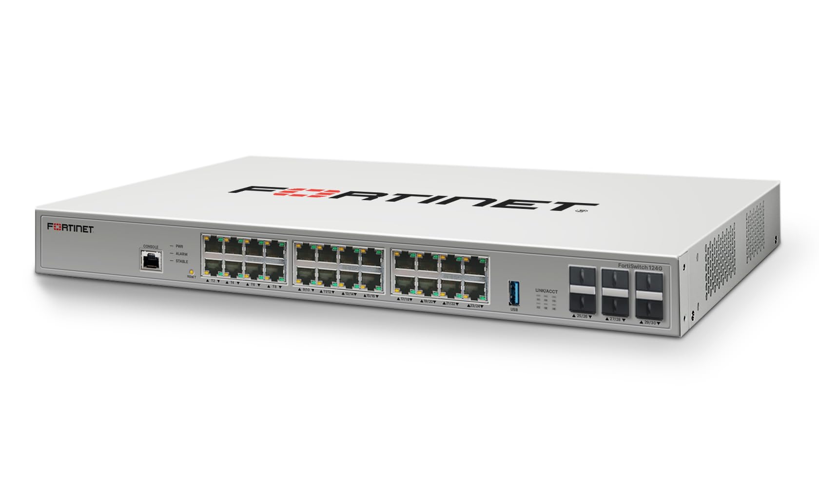 FORTINET  
CONSOLE  
Para ALARM STABLE  
FortiSwitch 124G  
UNK/ACCT  
STRIDEY  
USE  
25/28  
27/24  
29/30