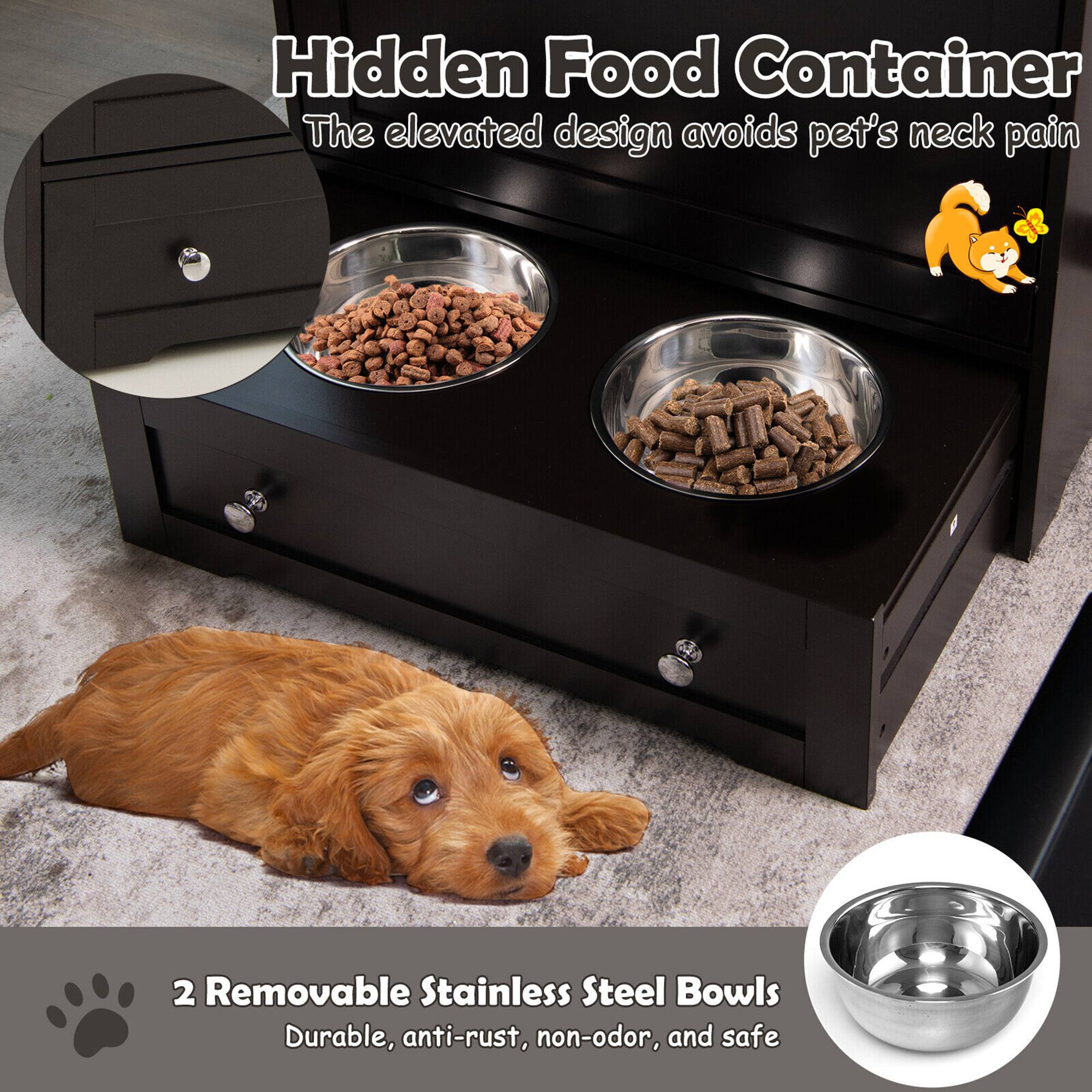 Hidden Food Container  
The elevated design avoids pet's neck pain  

2 Removable Stainless Steel Bowls  
Durable, anti-rust, non-odor, and safe