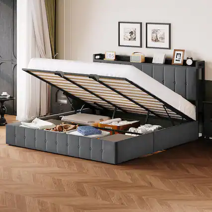 Front. Acekool - King Bed Frame with Lift-Up Storage, Upholstered Velvet Platform Bed with Tufted Headboard & Storage, Dark Grey - Gray.