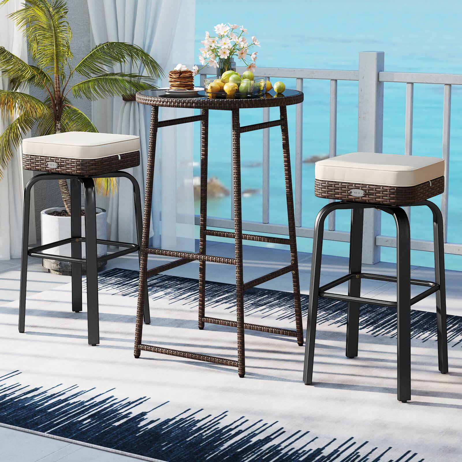 Alt View 1. Costway - Costway 3 PCS Outdoor Swivel Bar Set with 2 Chairs, Tempered Glass Top, Soft Cushions - Off-White.