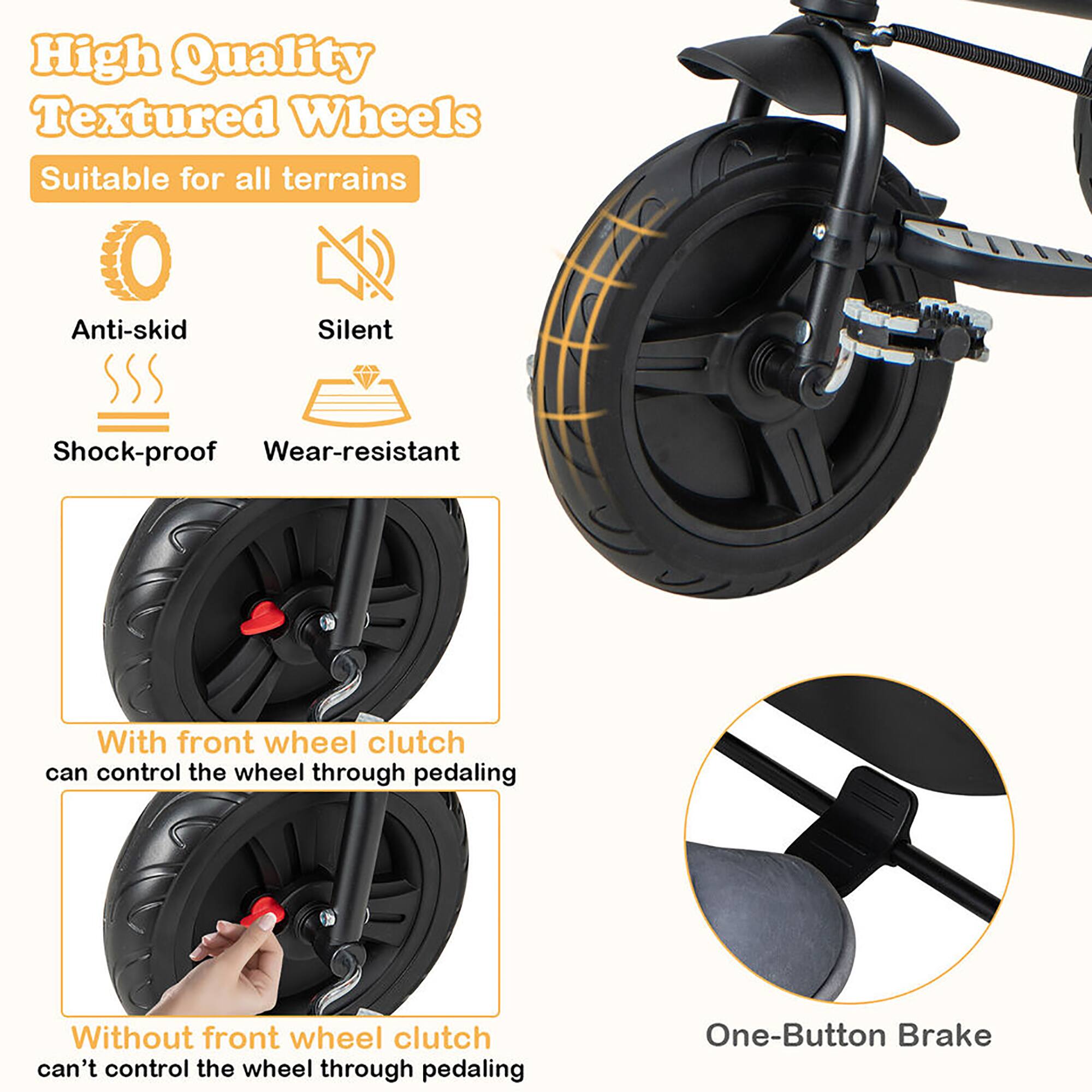 High Quality Textured Wheels  
Suitable for all terrains  

- Anti-skid  
- Silent  
- Shock-proof  
- Wear-resistant  

With front wheel clutch  
can control the wheel through pedaling  

Without front wheel clutch  
can't control the wheel through pedaling  

One-Button Brake