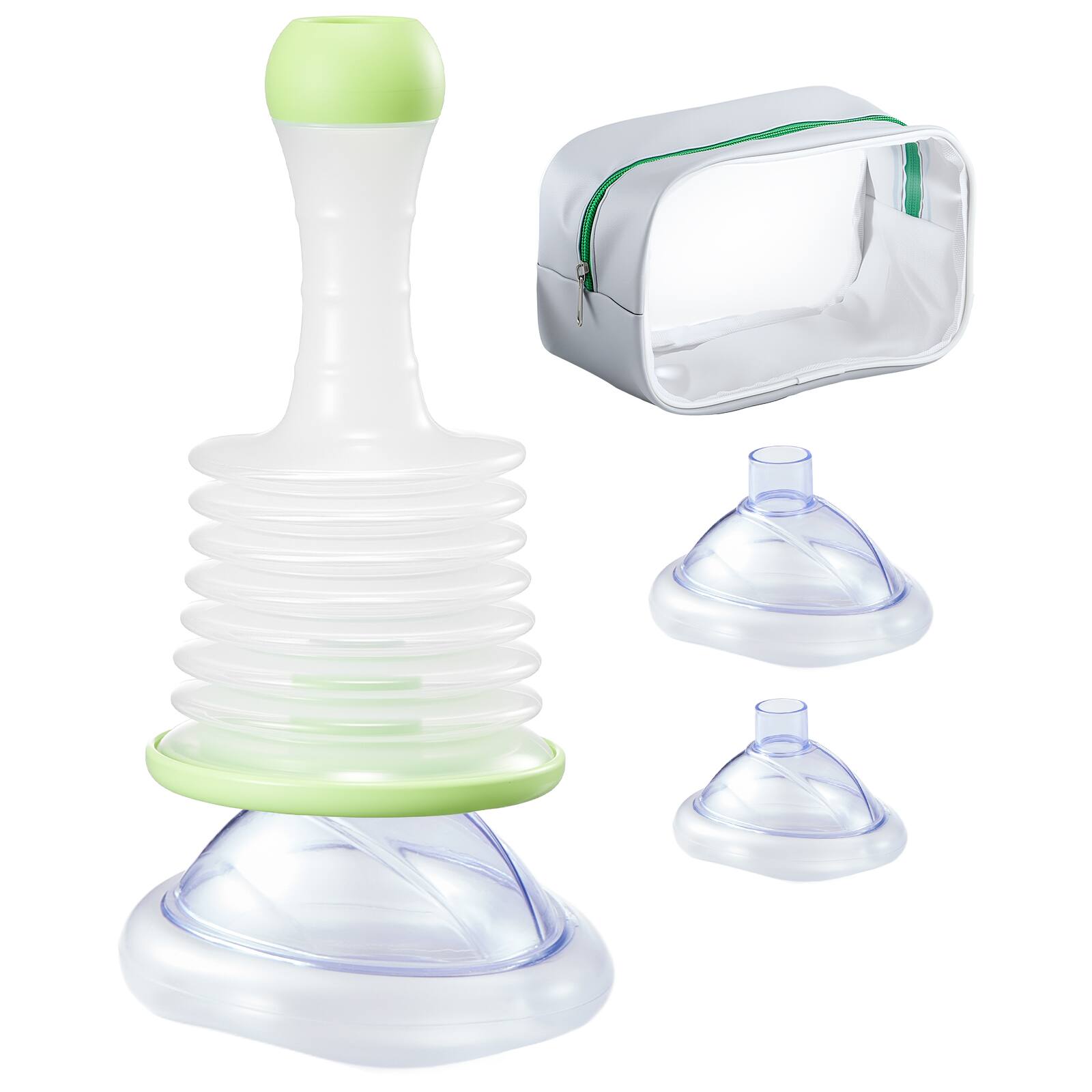Front. VEVOR - Choking Rescue Device, Portable Airway Clear Anti Choking Suction Device with 3 Multi-size Masks and 1 Storage Bag - Transparent + Green.