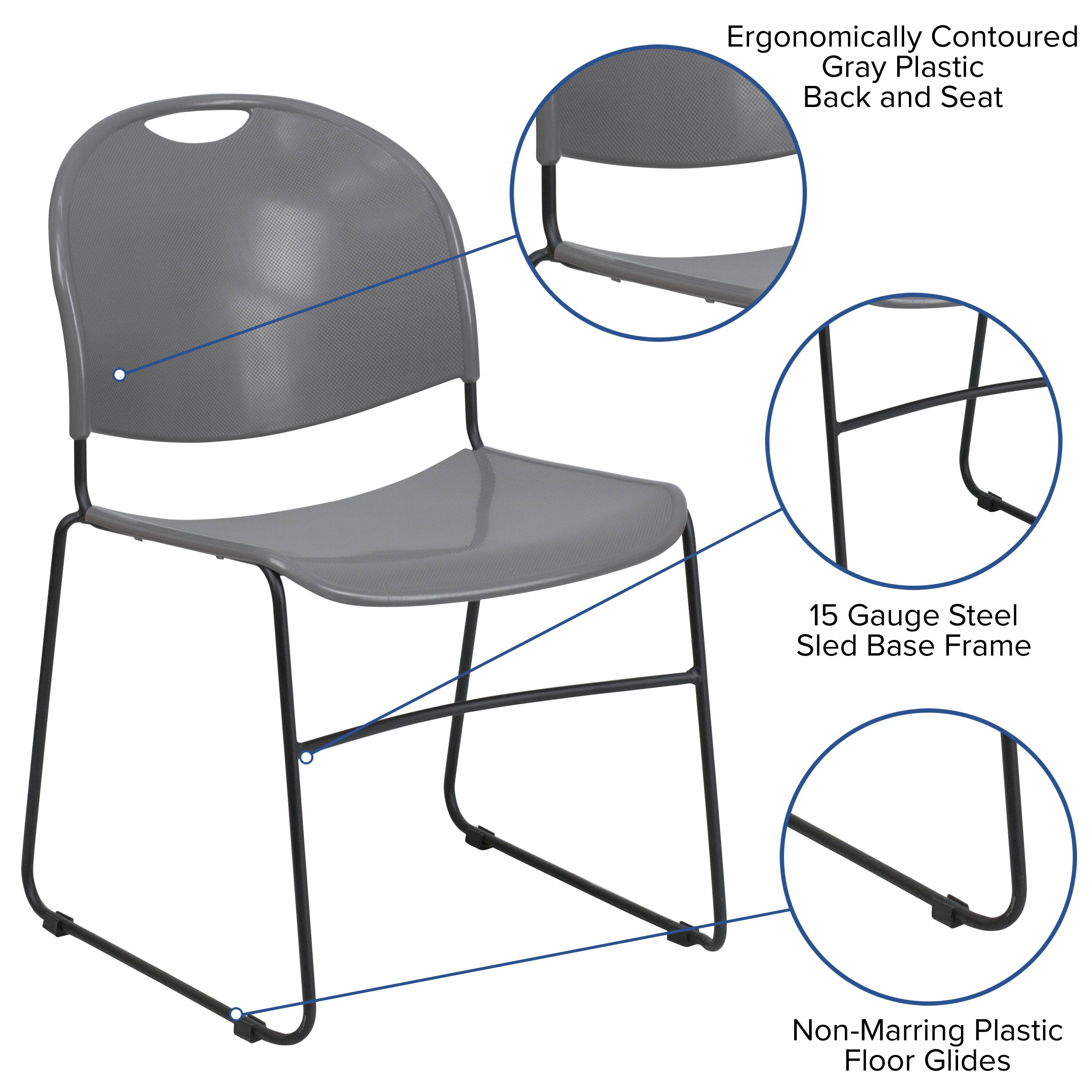 Ergonomically Contoured Gray Plastic Back and Seat  
15 Gauge Steel Sled Base Frame  
Non-Marring Plastic Floor Glides